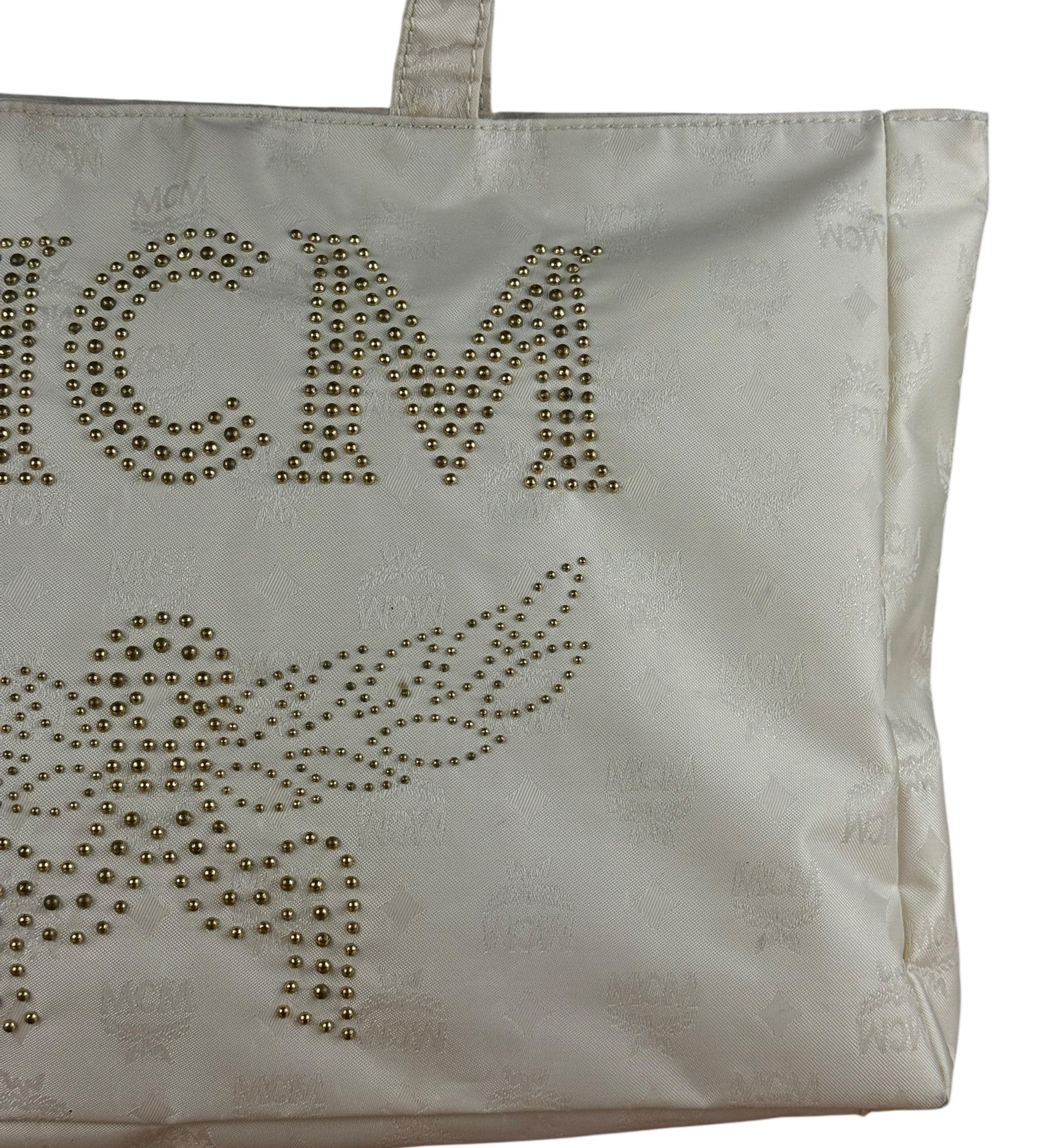 MCM Ivory Canvas Embroidered Shoulder Tote