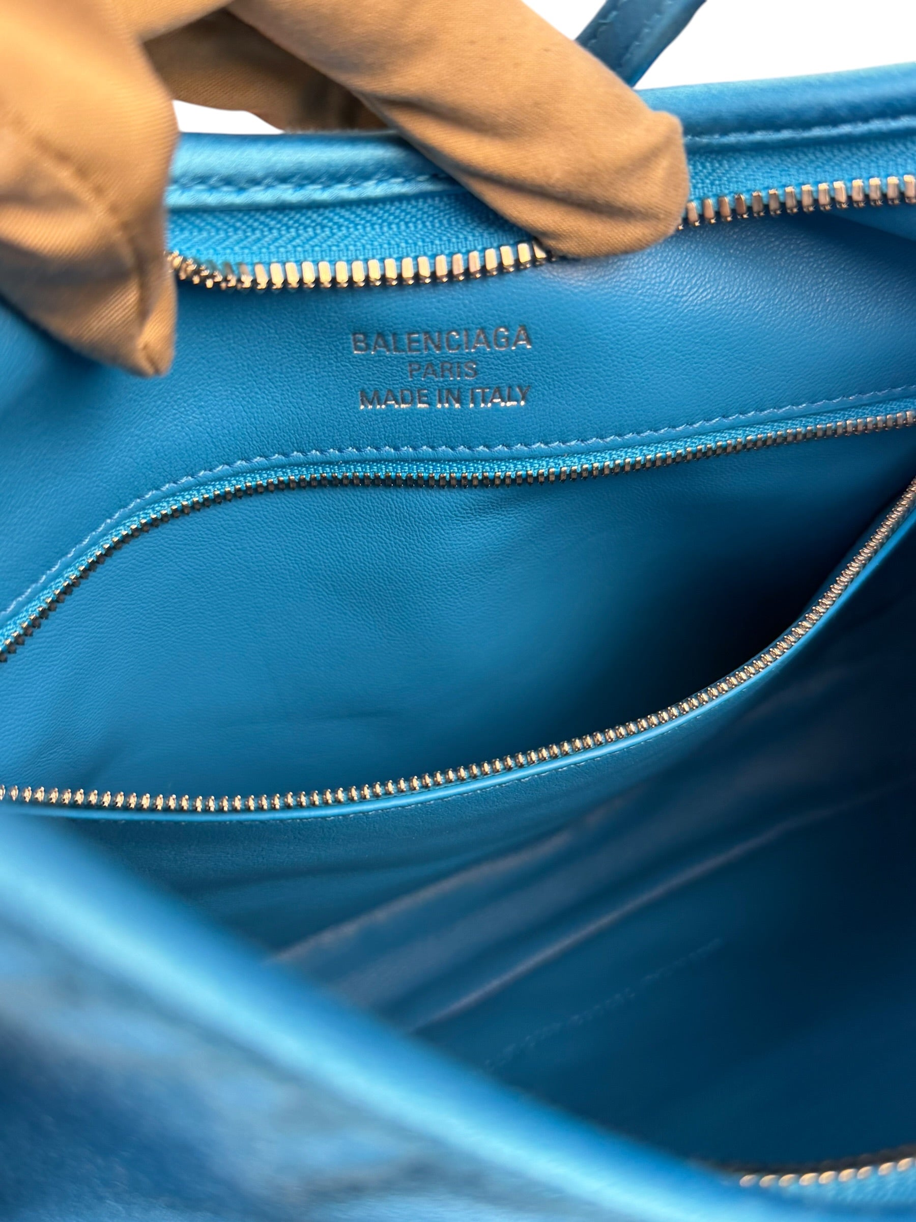 Balenciaga Blue Satin/Leather Trim Leopolda Small Hobo Bag