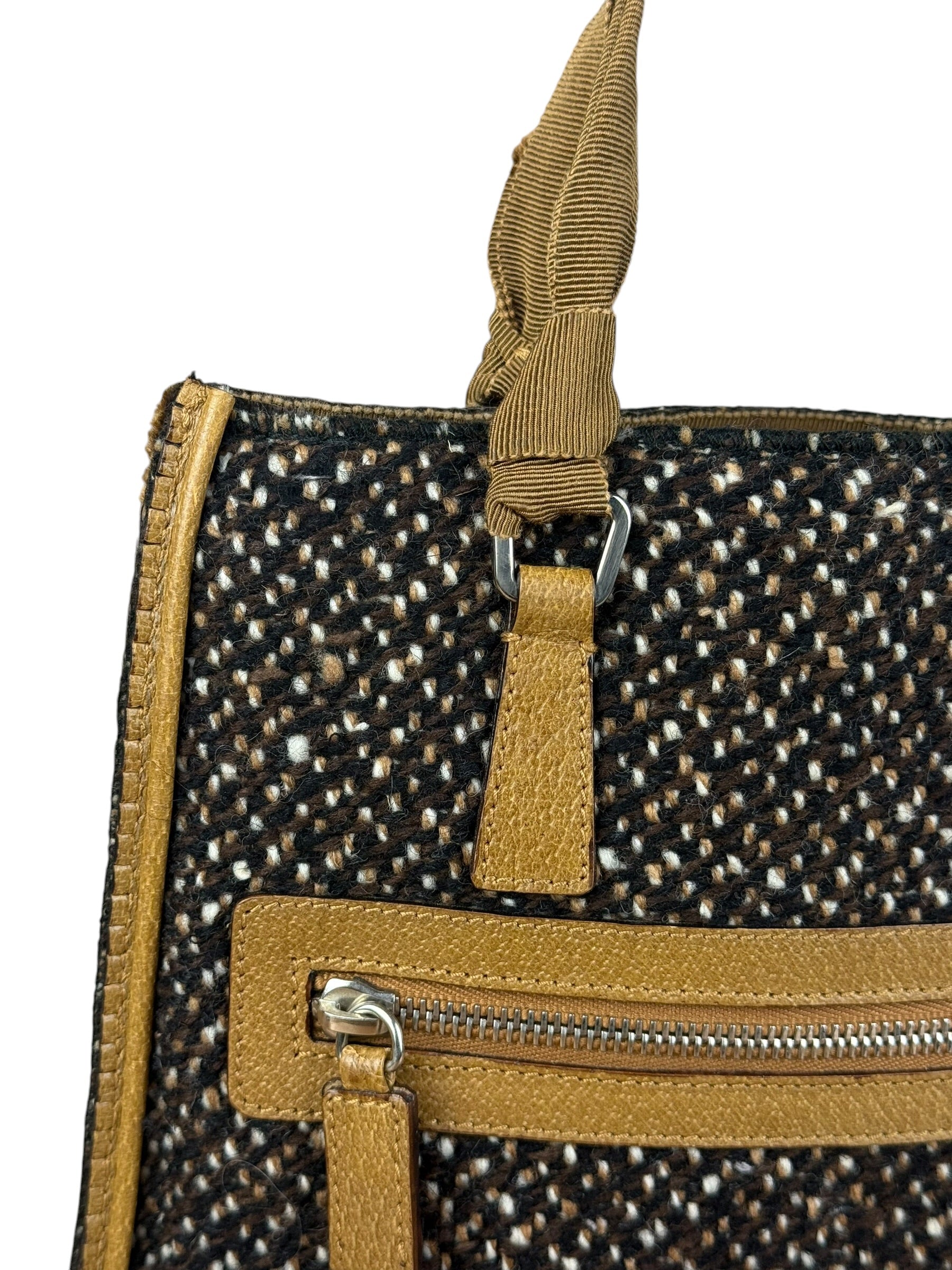 Prada Vintage Brown/Black Woven Tweed Trim Tote Handbag