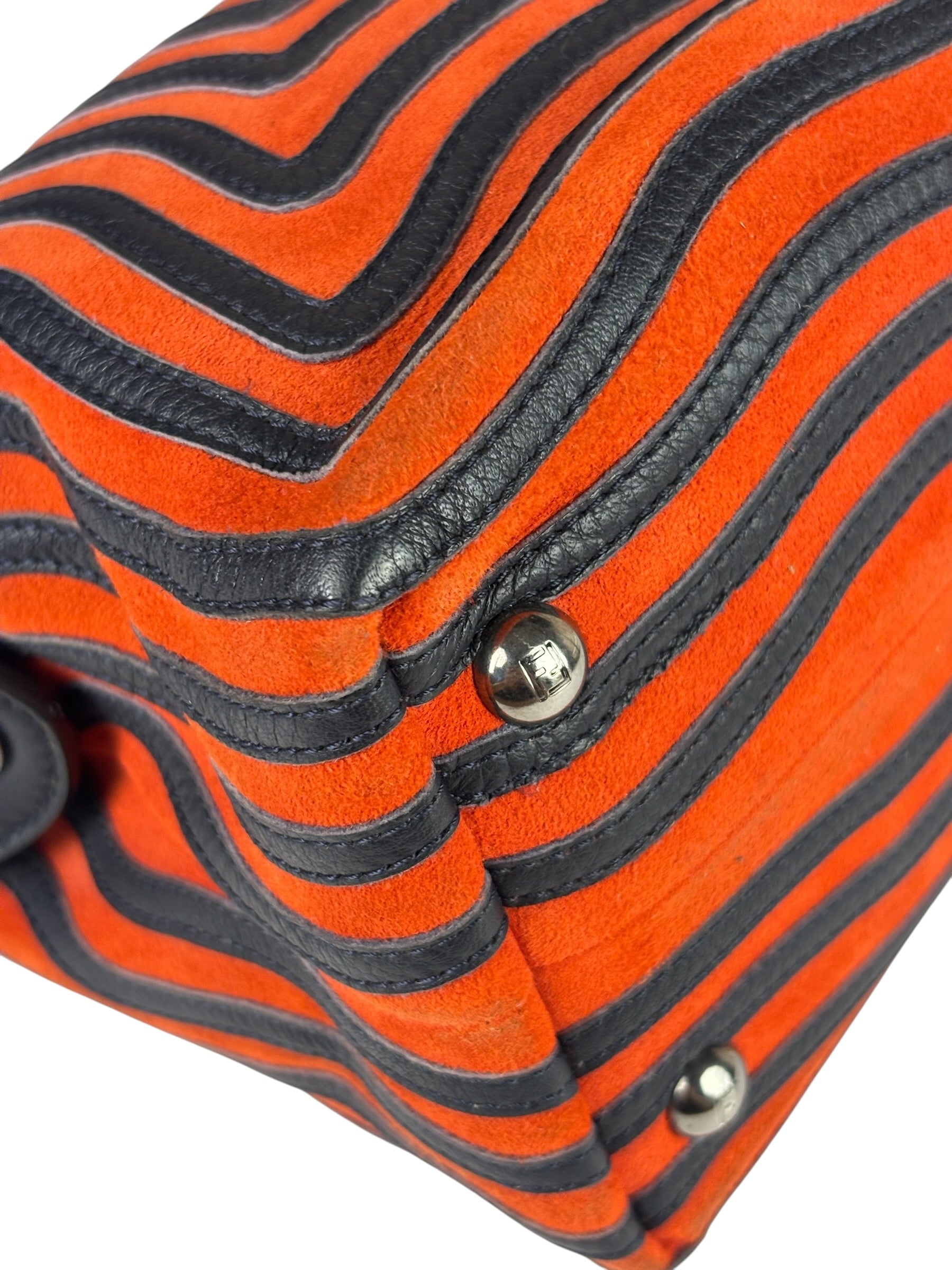 Fendi Navy/Red Leather Trim/Suede Dotcom Striped Two-Way Bag