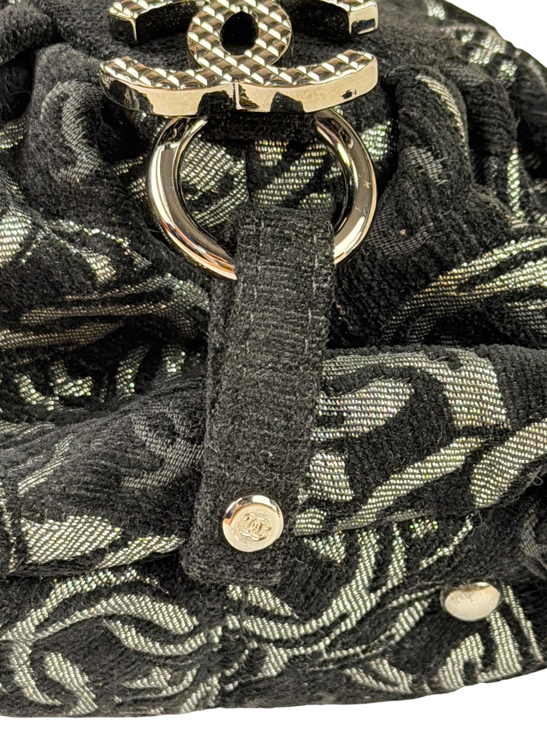 Chanel Black CC Jacquard Chain Silver Metallic Bowler Handbag 2005
