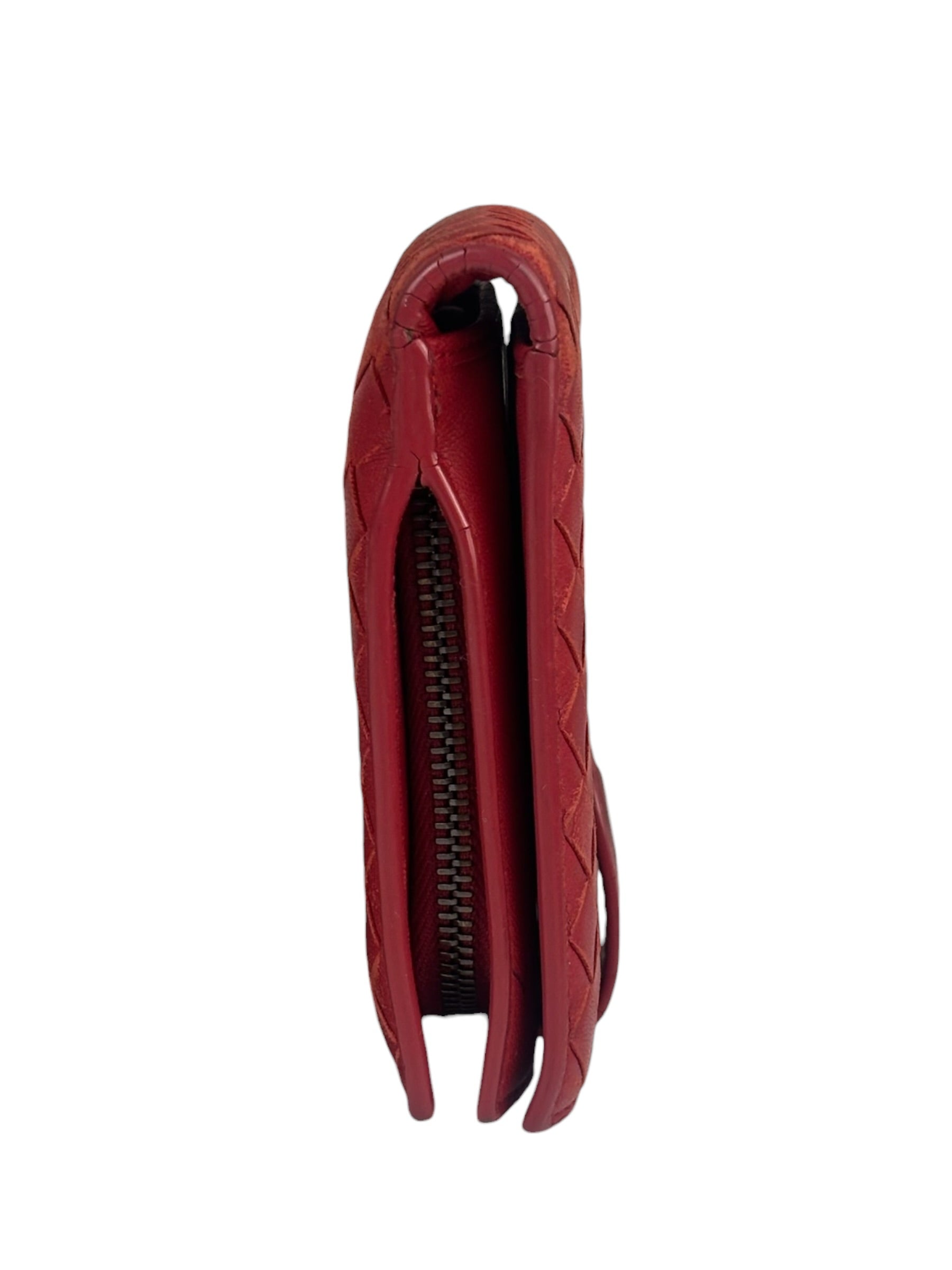 Bottega Veneta Red Leather Nappa Intercciato French Compact Wallet