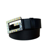 Gucci Black Leather Crystal Logo Belt