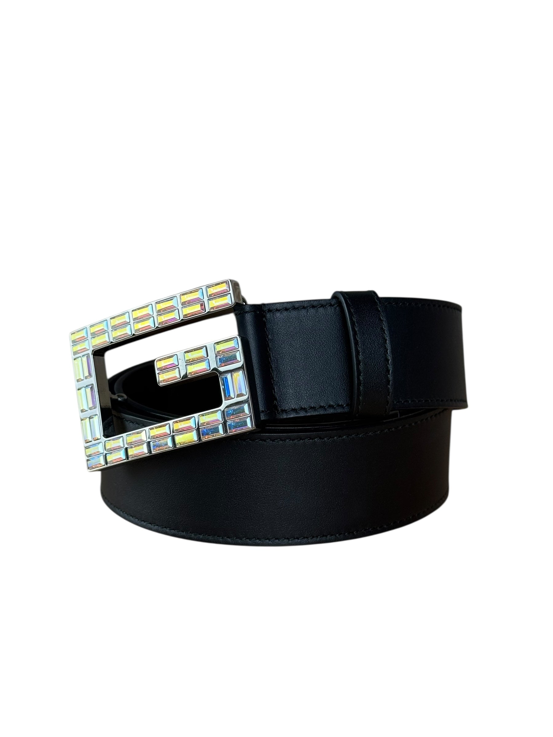 Gucci Black Leather Crystal Logo Belt