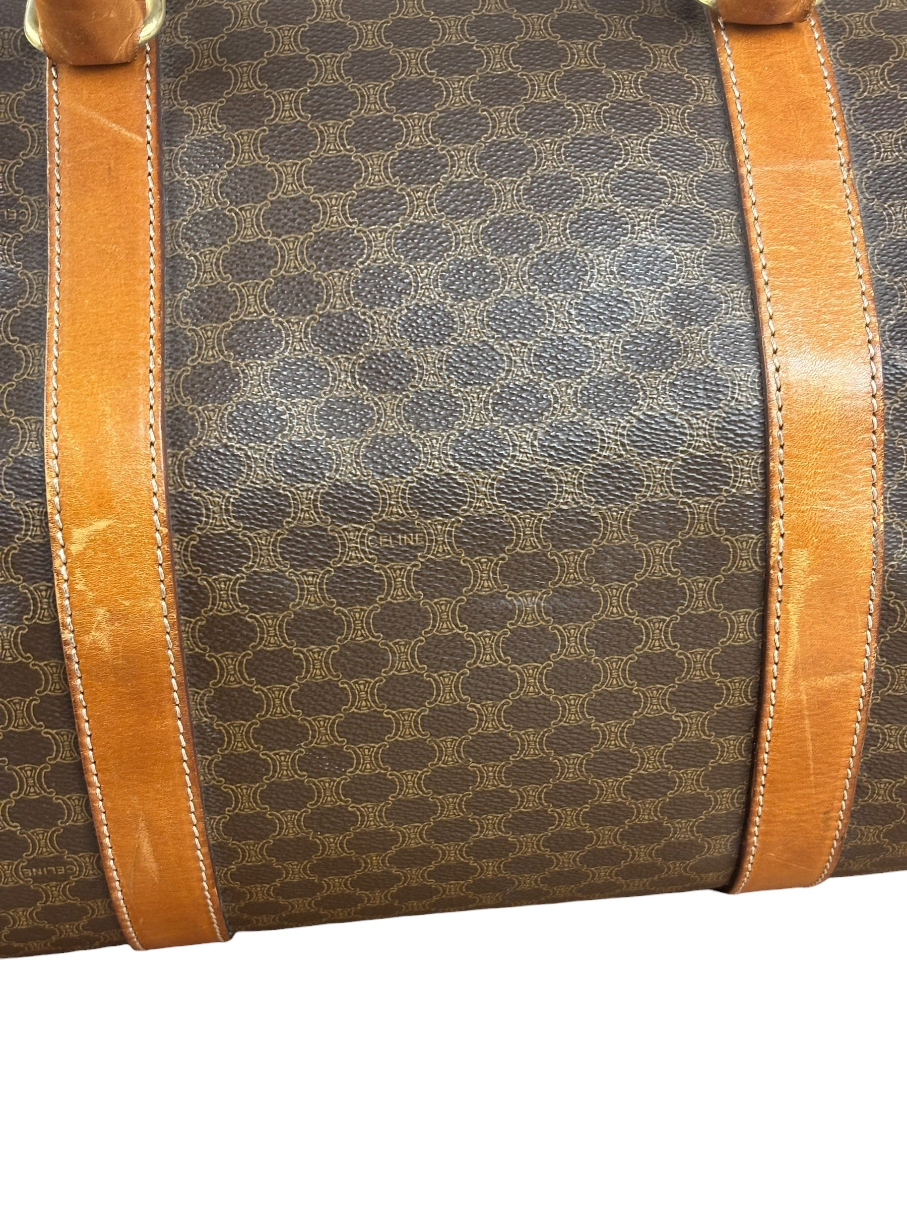 Celine Brown Leather Canvas Macadam Travel Handbag
