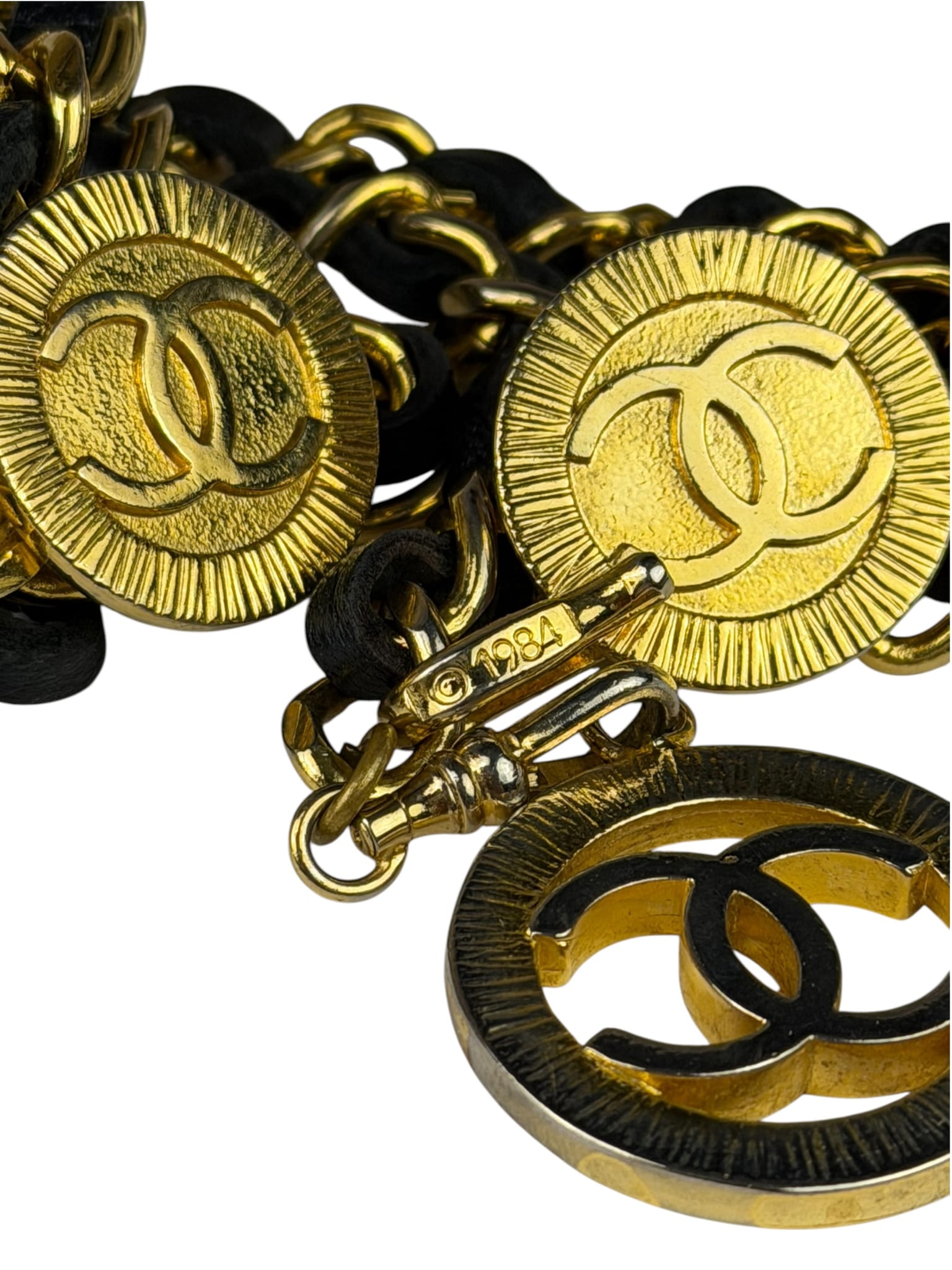 Chanel Leather Chain Strap Belt Black/Gold Tone
