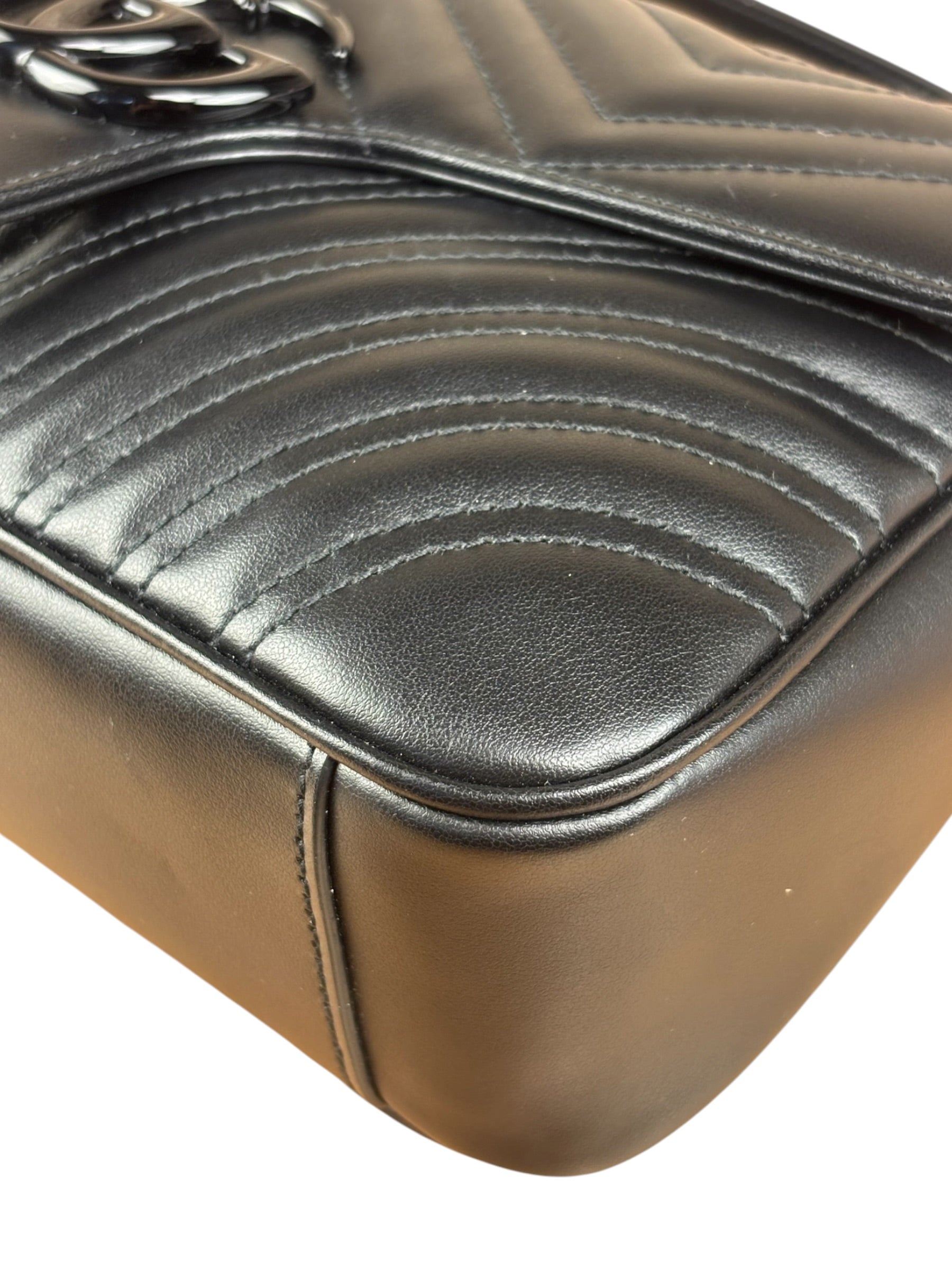 Gucci Black Leather GG Logo Marmont Noir Matelasse Shoulder Bag