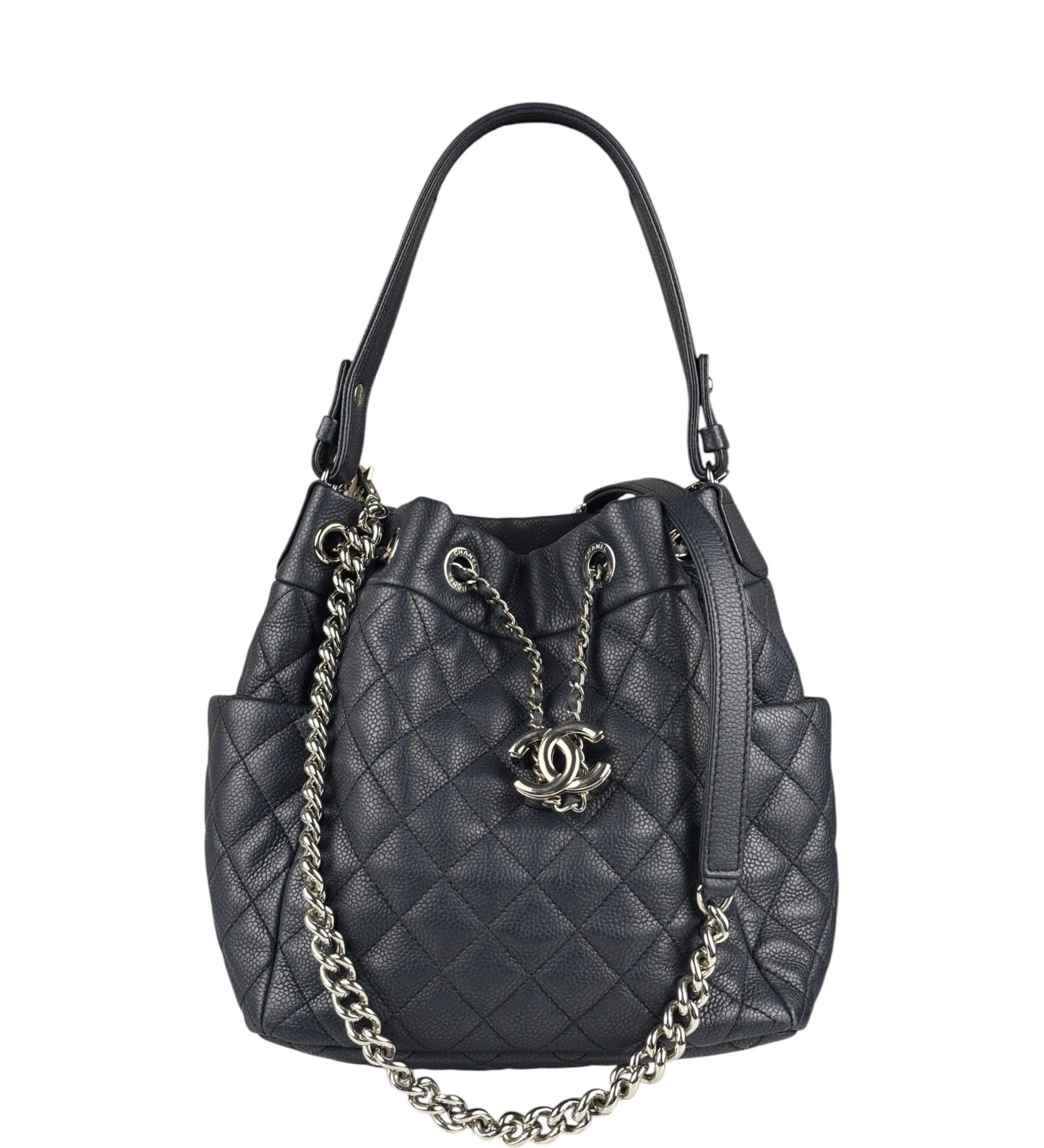 Chanel Navy Blue Leather Drawstring Bucket Two-Way Bag 2018
