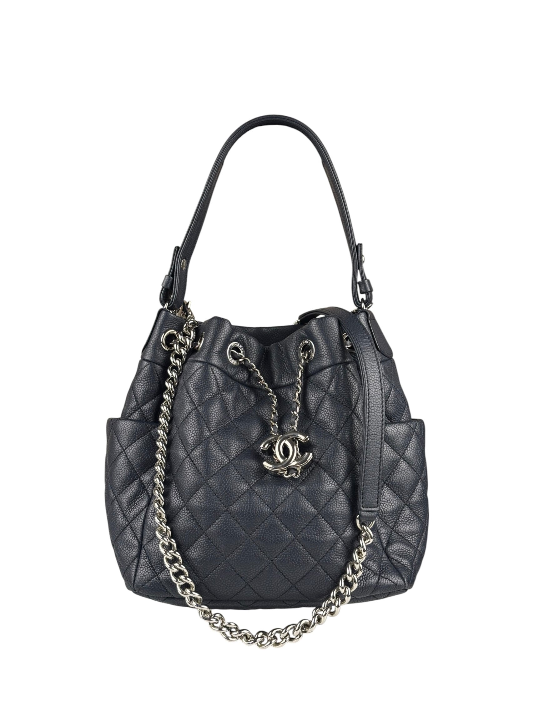 Chanel Navy Blue Leather Drawstring Bucket Two-Way Bag 2018