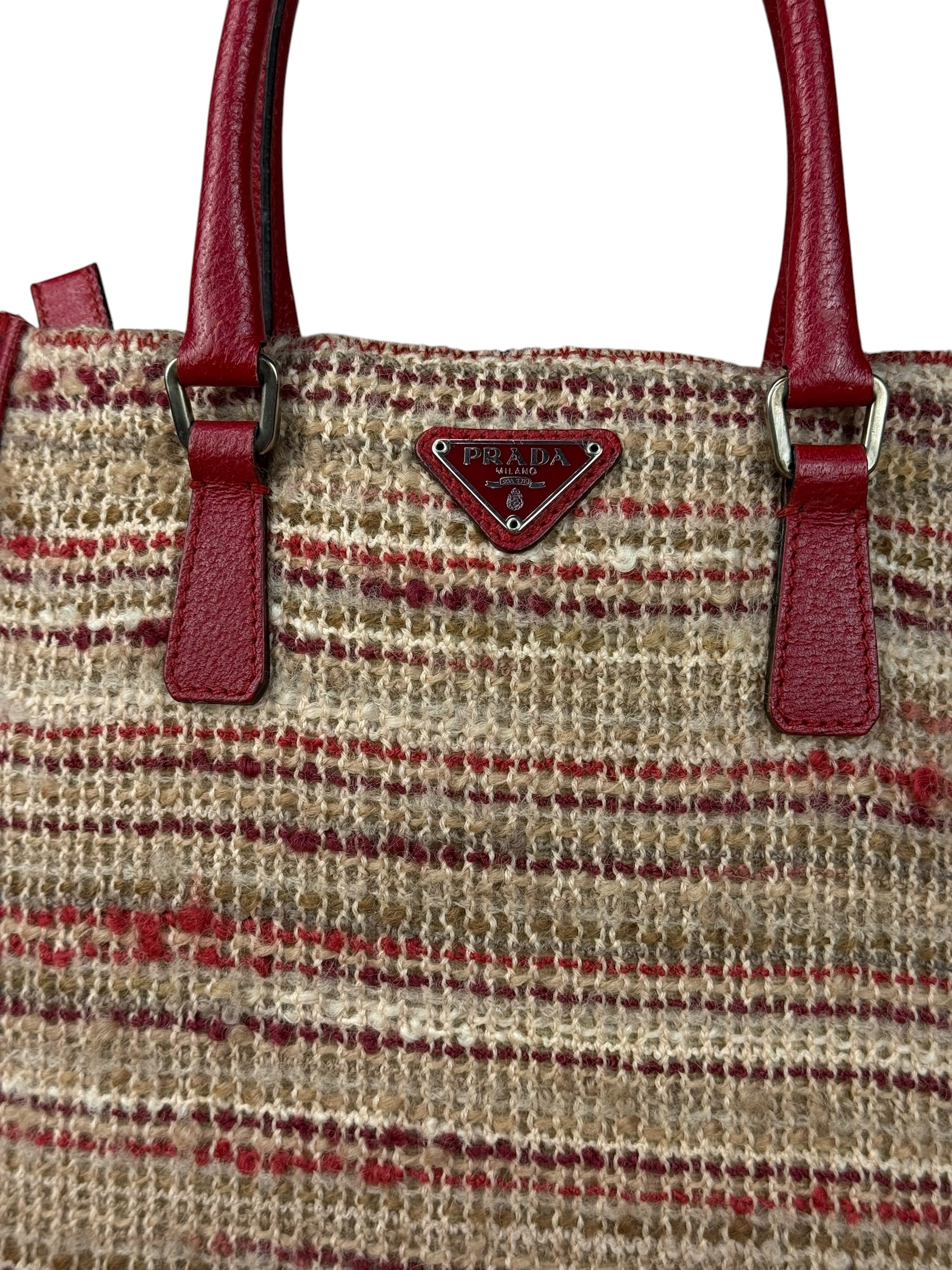 Prada Vintage Red Woven Tweed Zip Tote