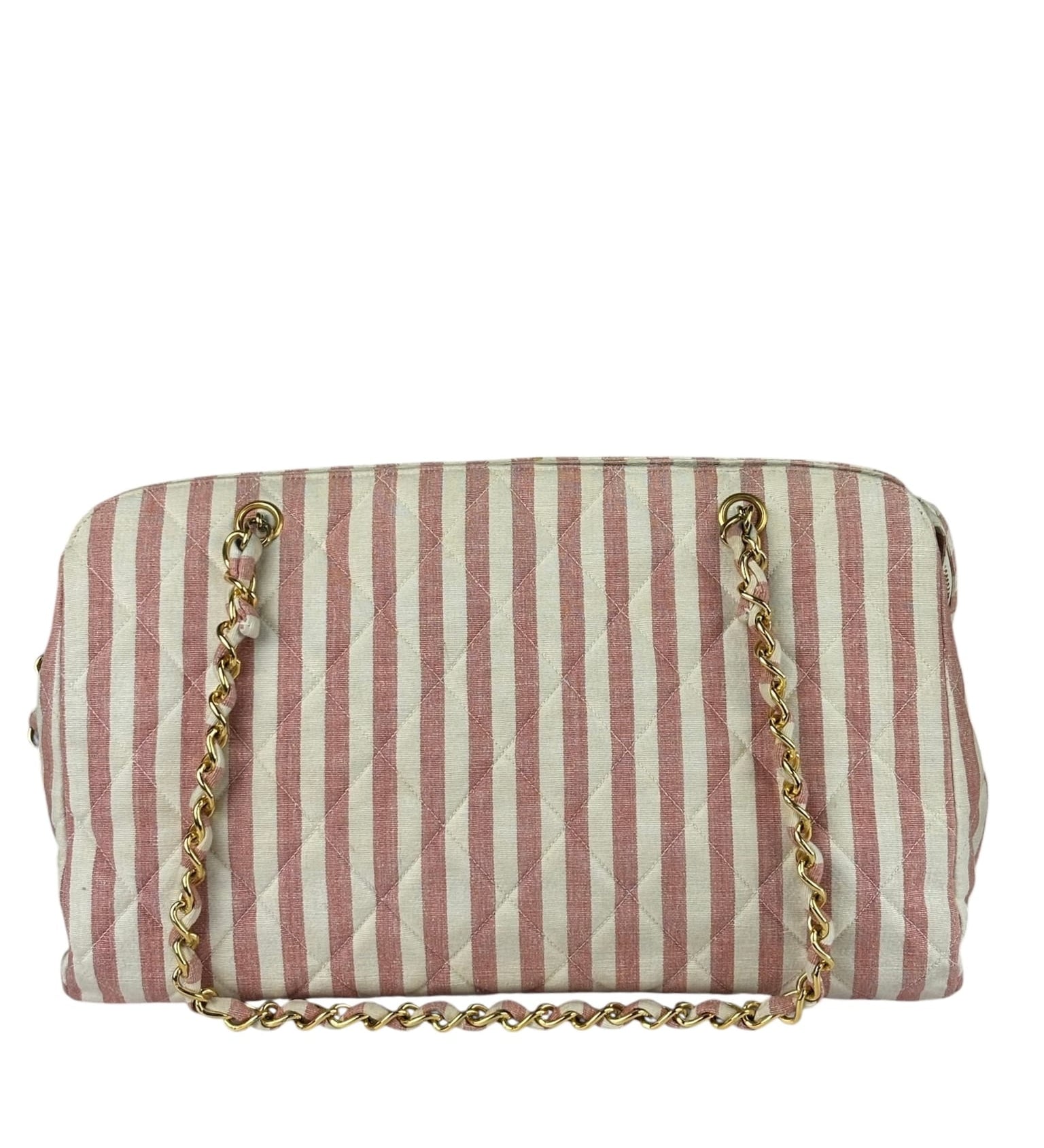 Chanel Vintage Pink/Cream Denim Maxi Stripped Tote 1994
