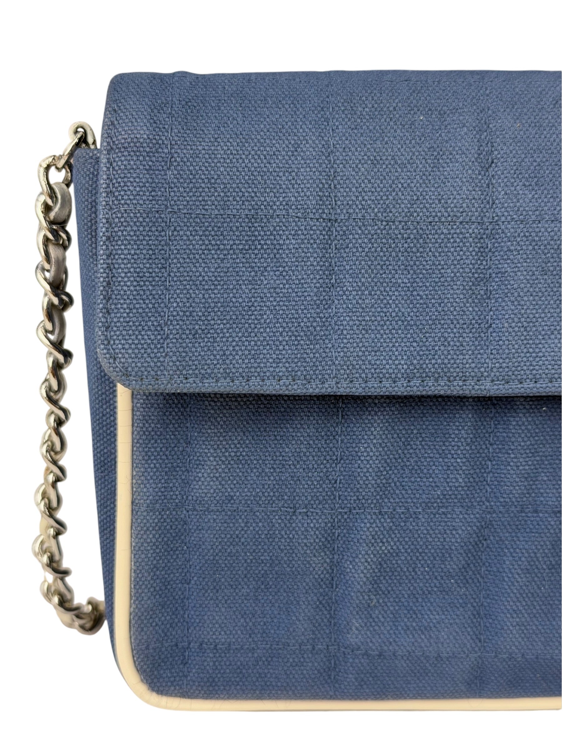 Chanel Blue/Cream Patent Leather Trim East-West Chocolate Bar Shoulder Bag 2002