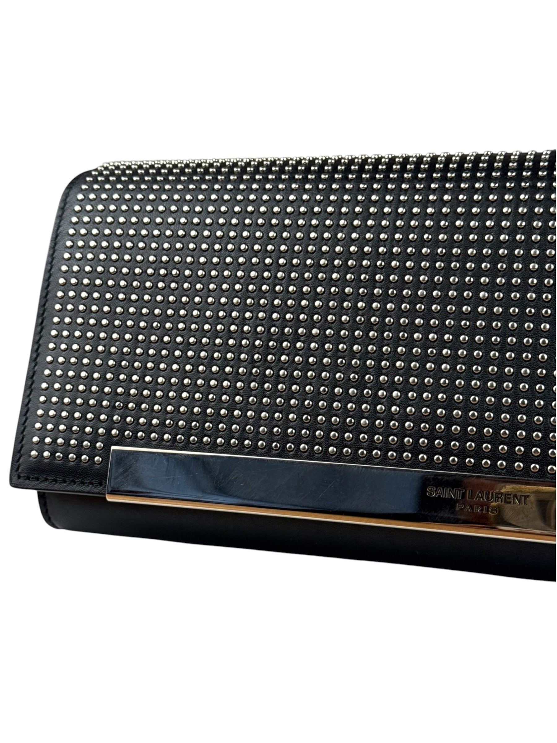 Yves Saint Laurent Black Calfskin Studded Lutetia Flap Clutch