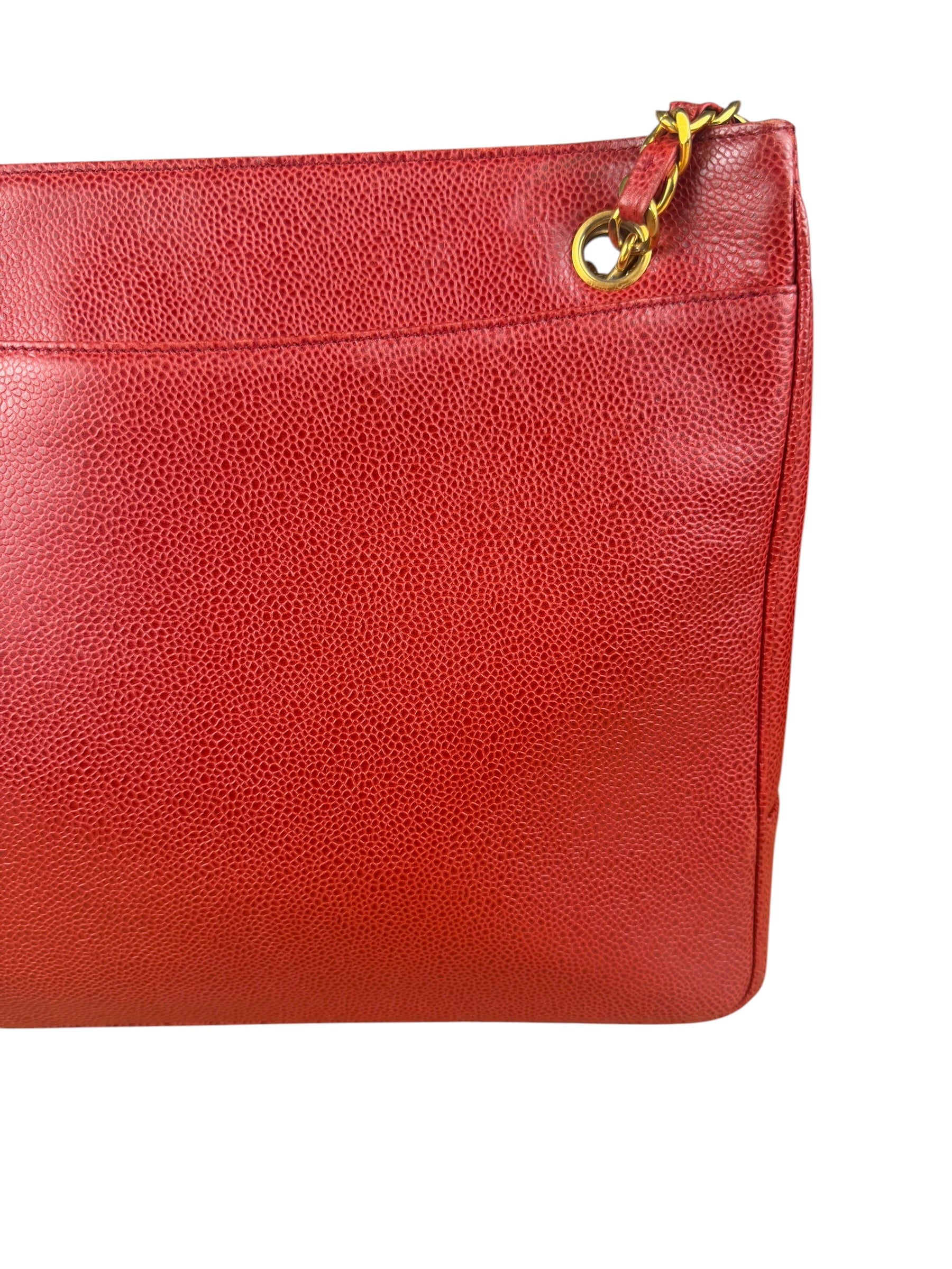 Chanel Red Caviar Leather CC Logo Tote Bag
