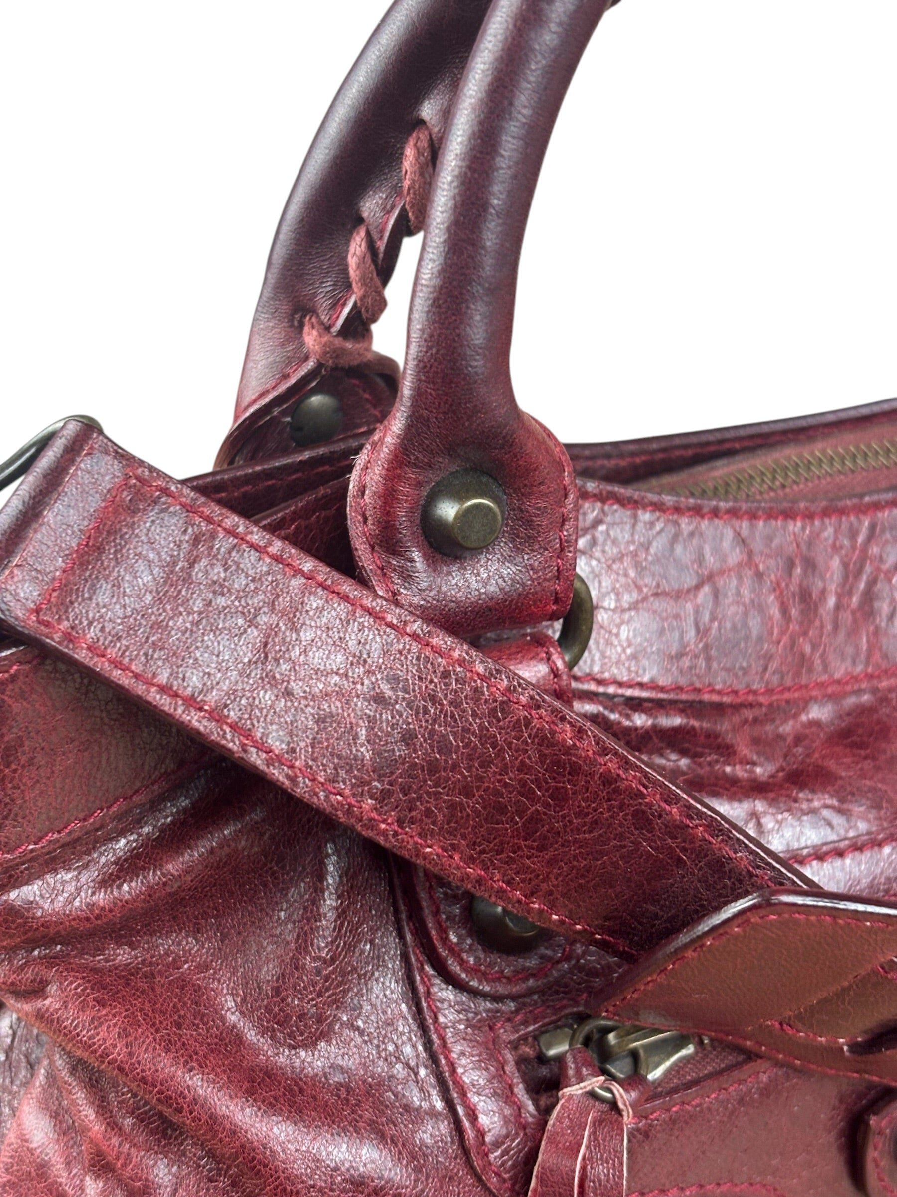 Balenciaga Vintage Burgundy Leather Moto City Two-Way Bag