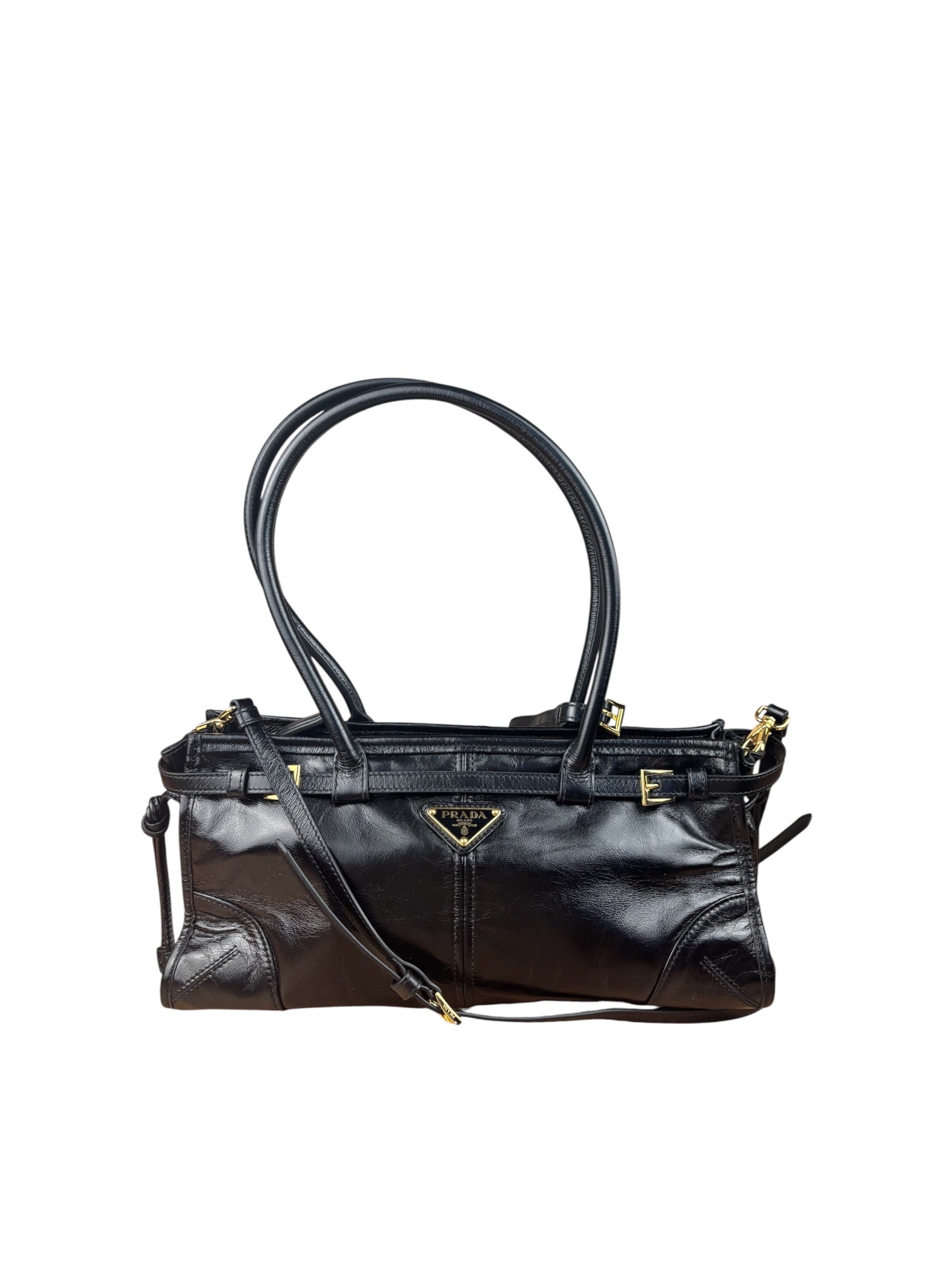 Prada Black Patent Leather Bonnie Medium Two-Way Bag