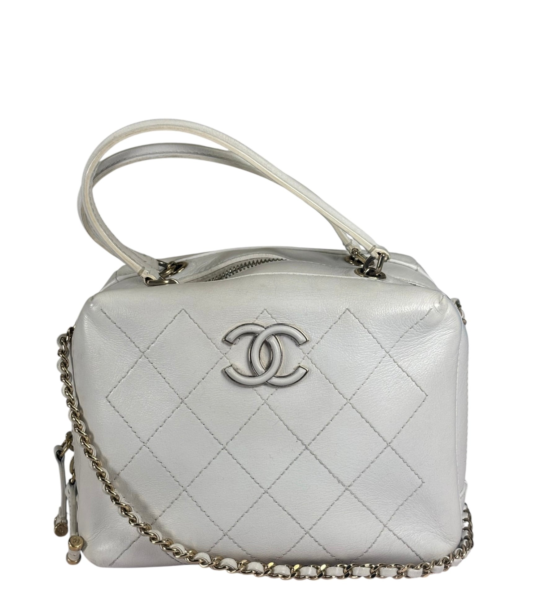 Chanel White Quilted Leather Vanity Small Bowling Two-Way Bag 2019