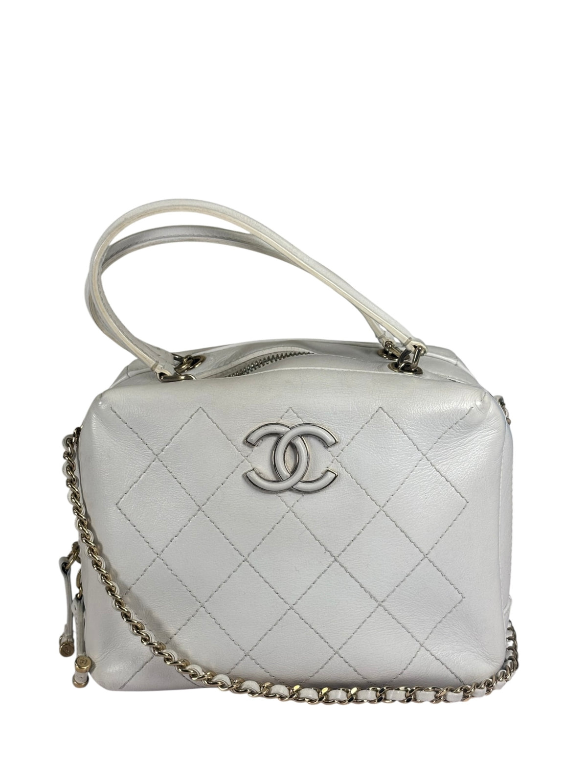 Chanel White Quilted Leather Vanity Small Bowling Two-Way Bag 2019