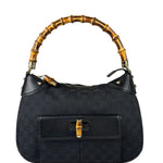 Gucci Black Leather Trim Bamboo Handle Hobo Bag