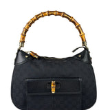 Gucci Black Leather Trim Bamboo Handle Hobo Bag