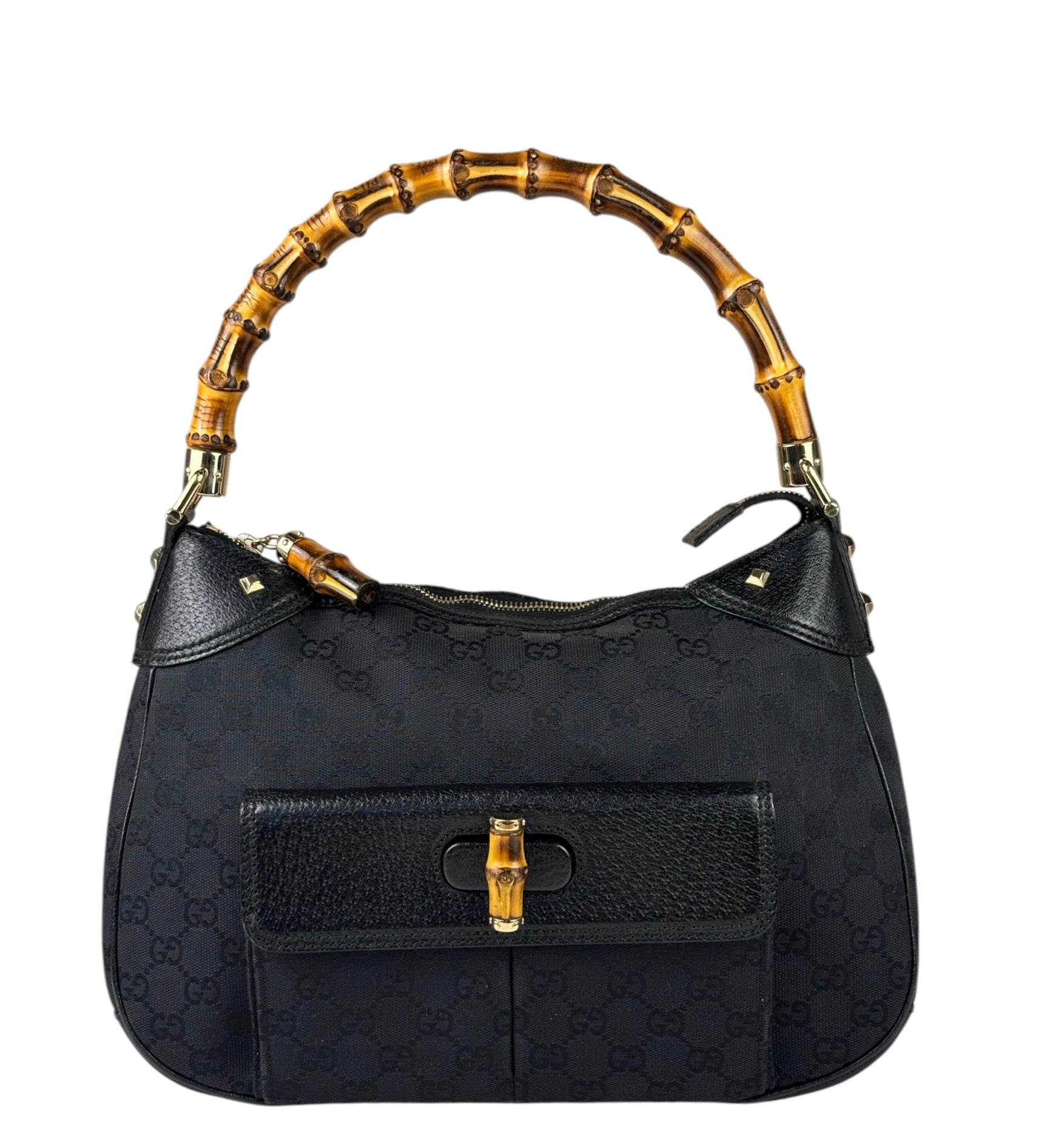 Gucci Black Leather Trim Bamboo Handle Hobo Bag