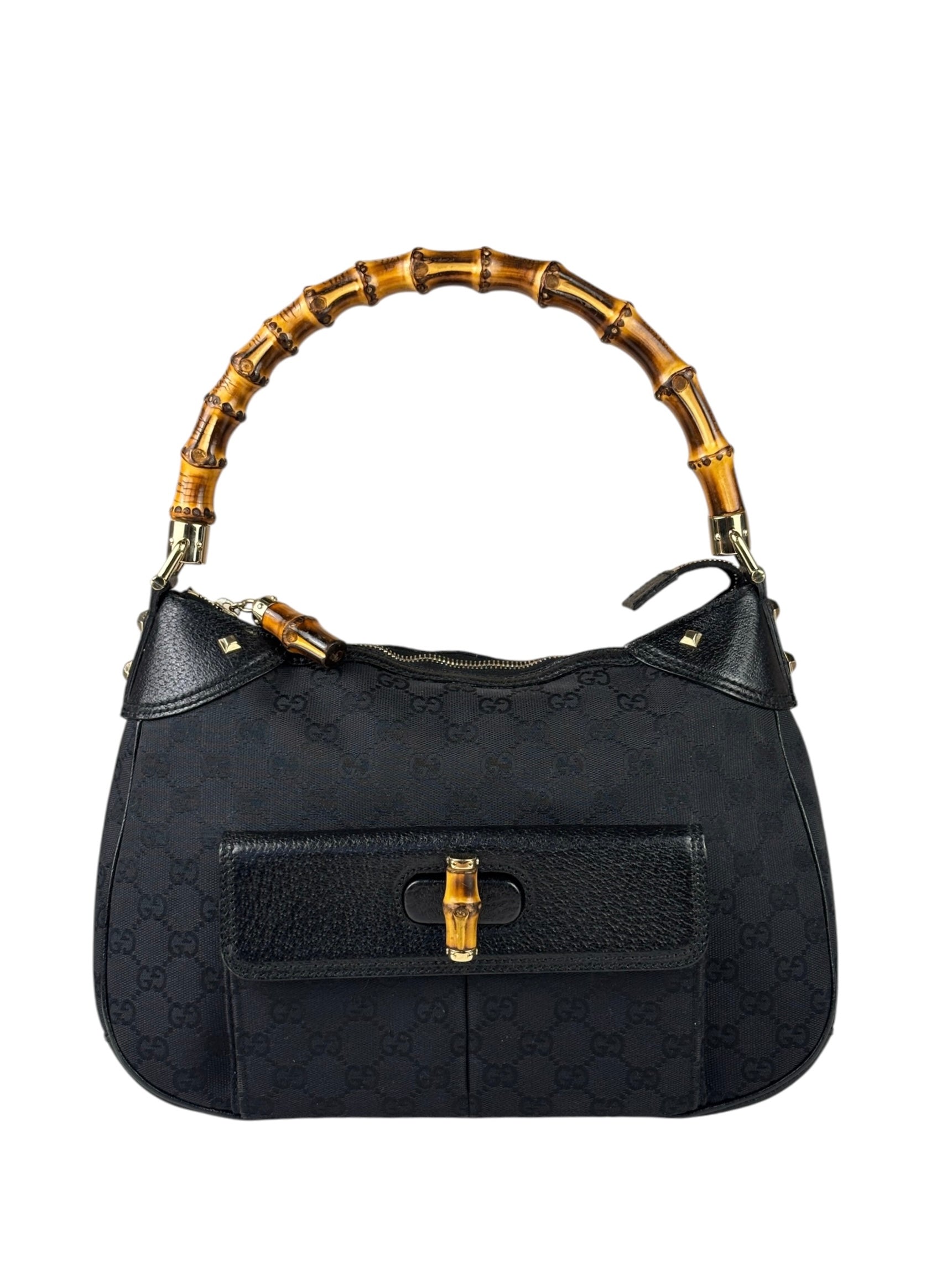 Gucci Black Leather Trim Bamboo Handle Hobo Bag