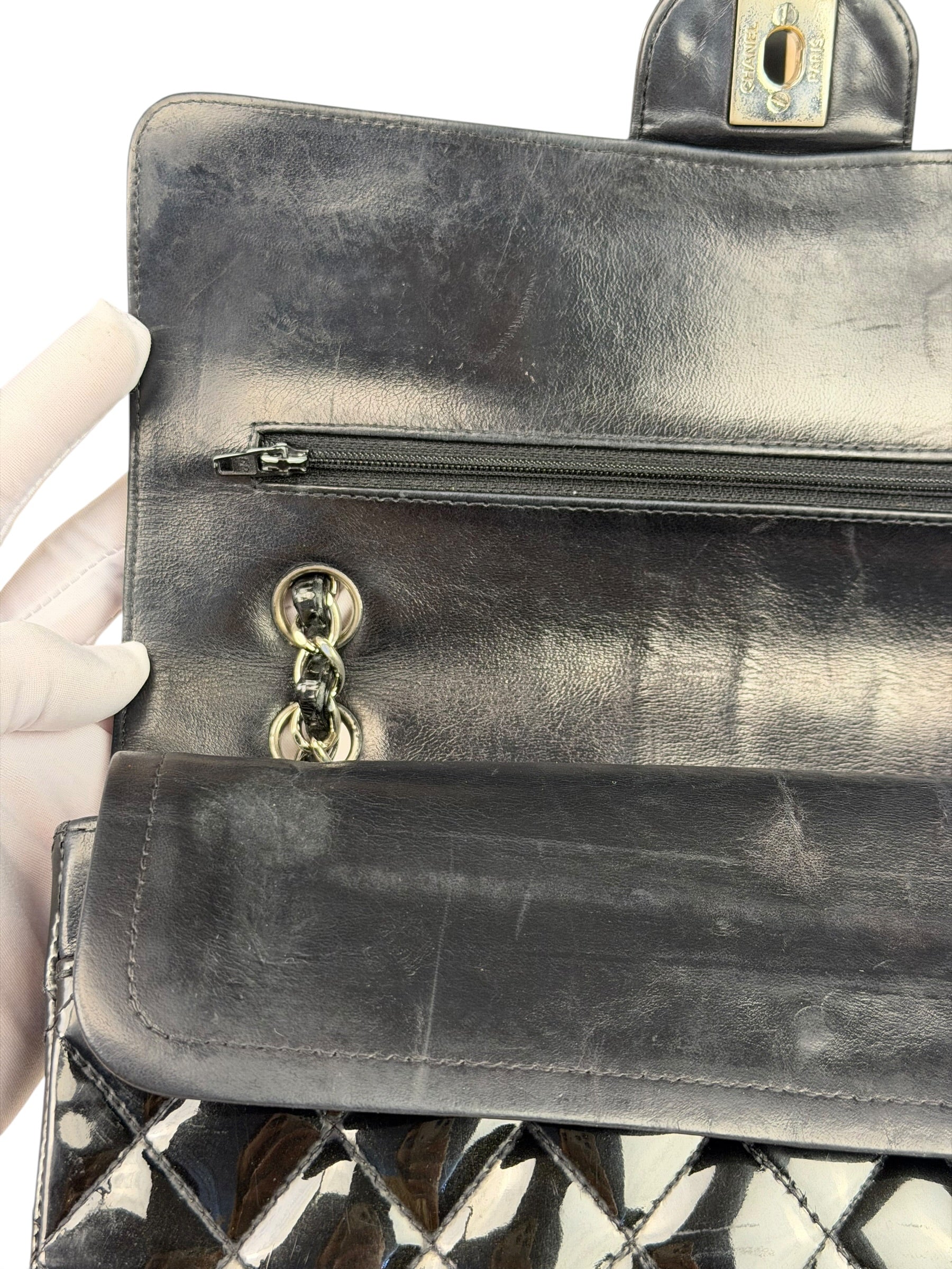 Chanel Black Patent Quilted Leather Double Flap Bag