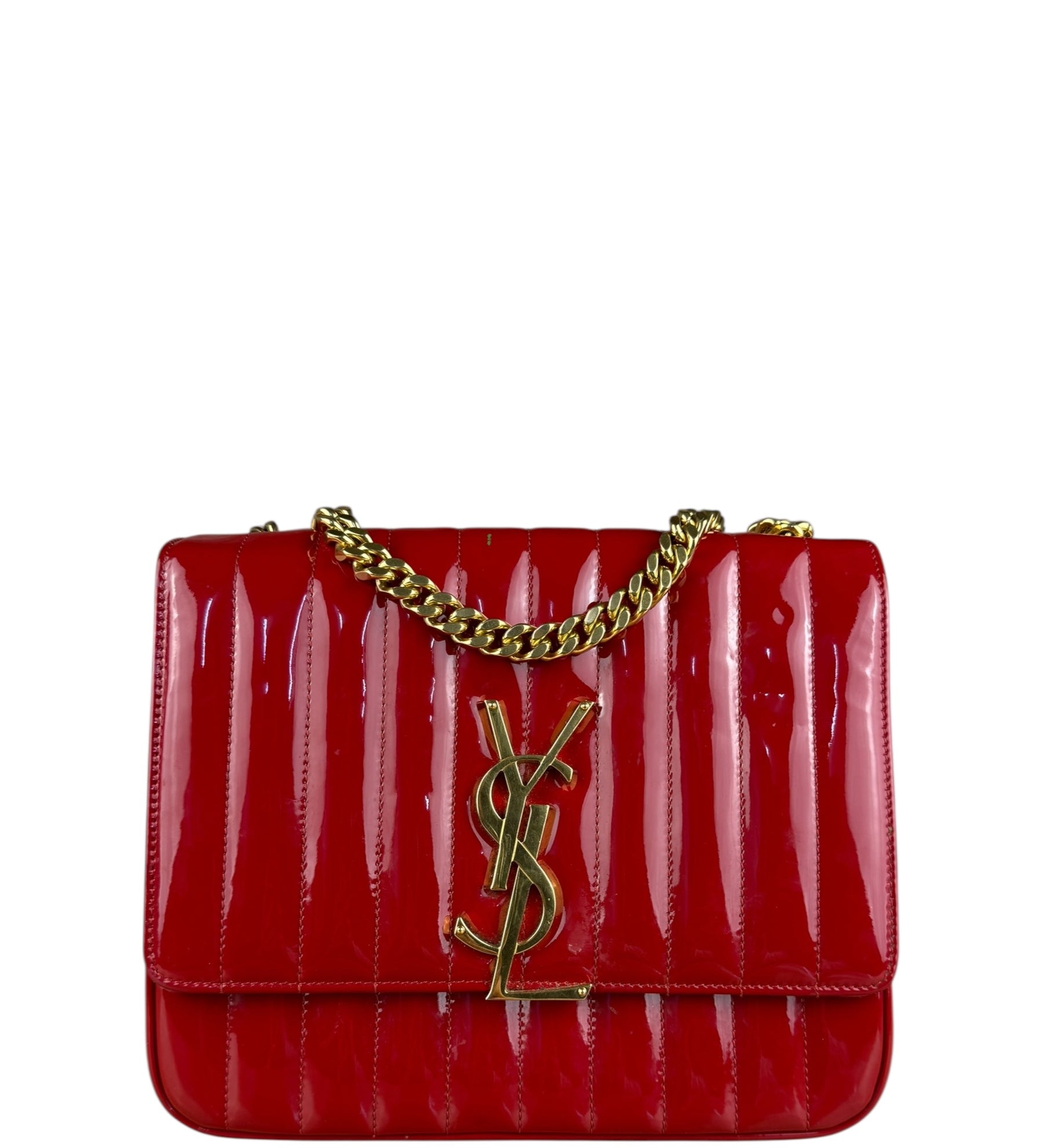 Saint Laurent Red Patent Vicky Chain Flap Bag