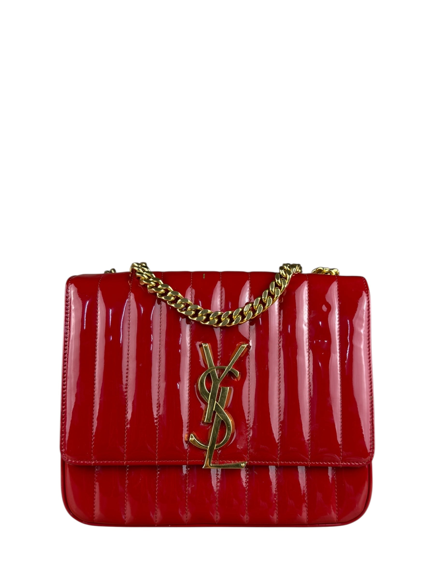 Saint Laurent Red Patent Vicky Chain Flap Bag