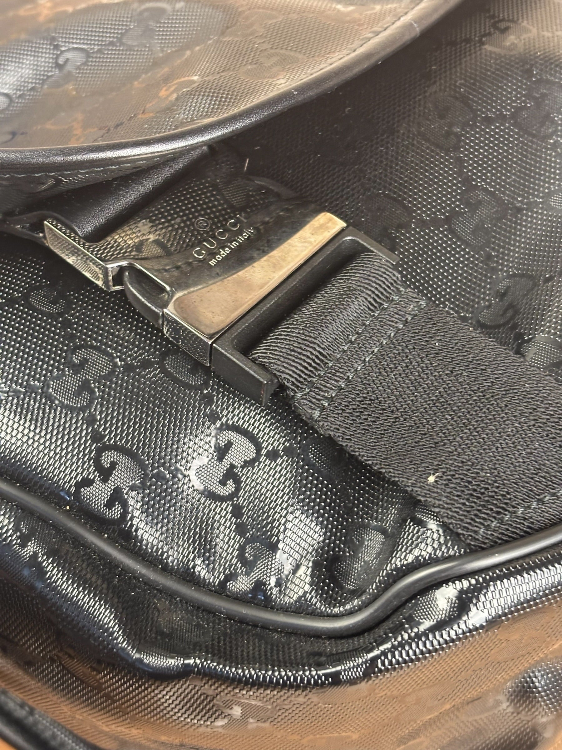 Gucci Black PVC GG Imprime Web Buckle Messenger Bag