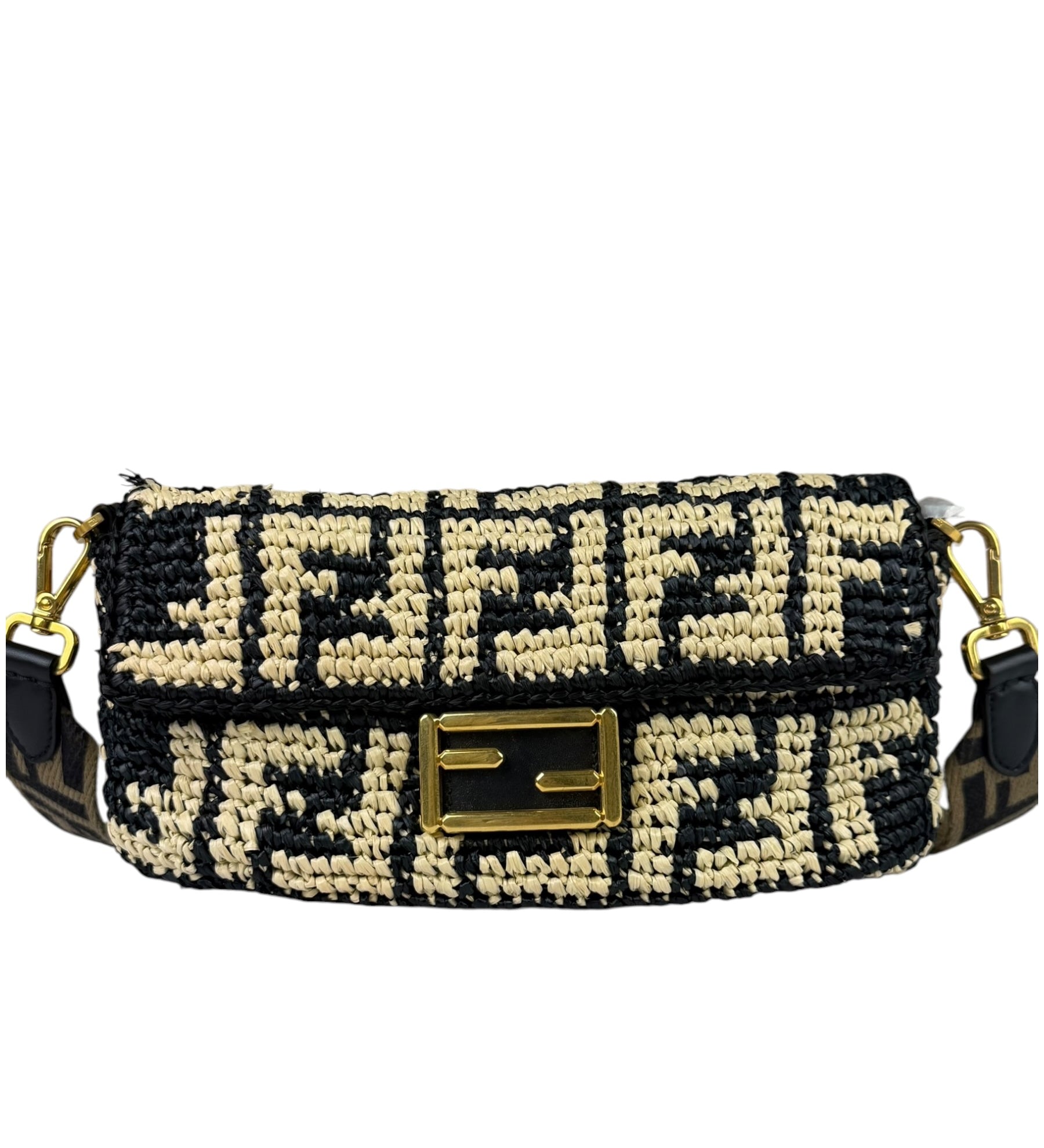 Fendi Black Raffia Zucca Shoulder Baguette