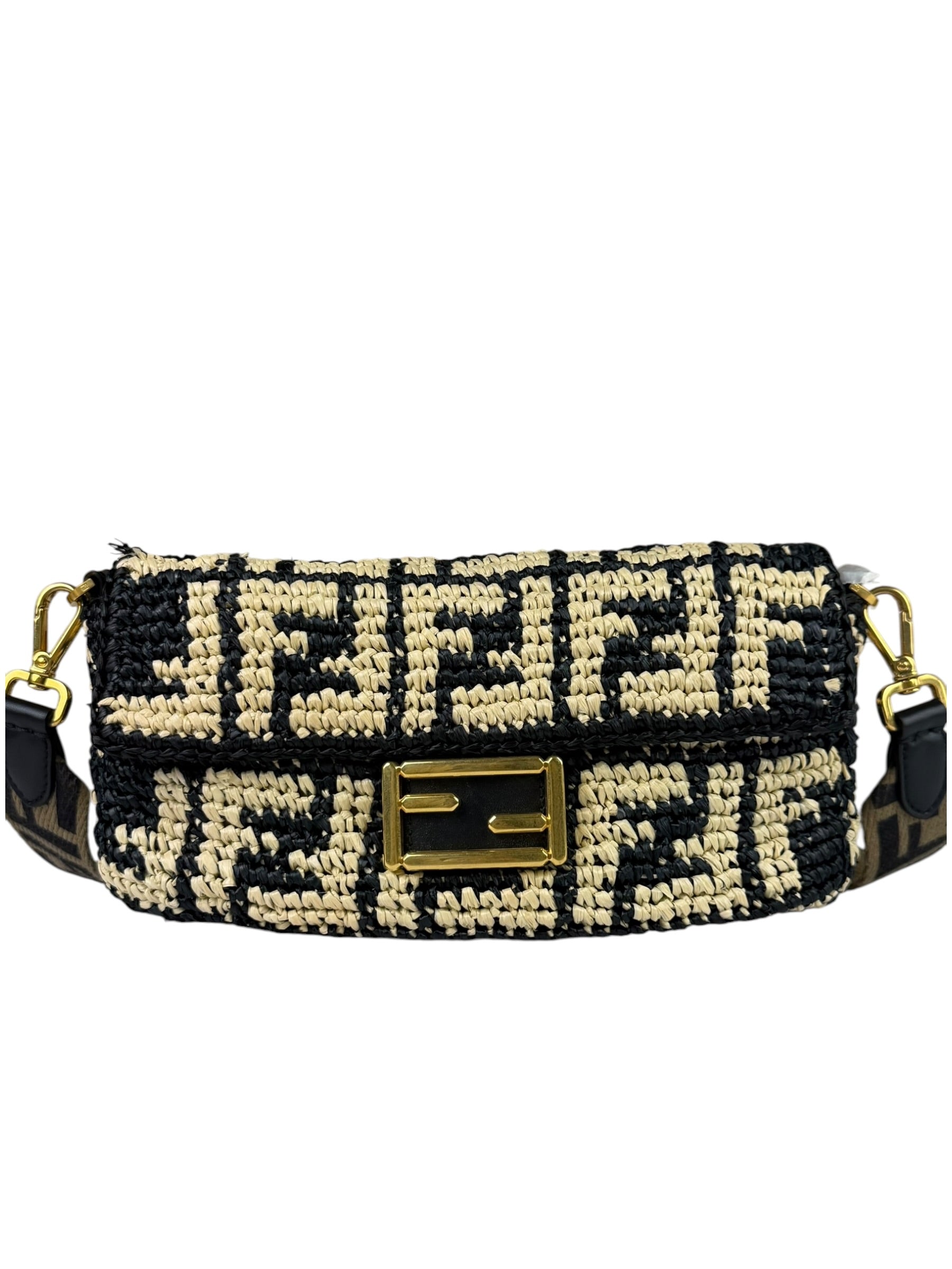 Fendi Black Raffia Zucca Shoulder Baguette