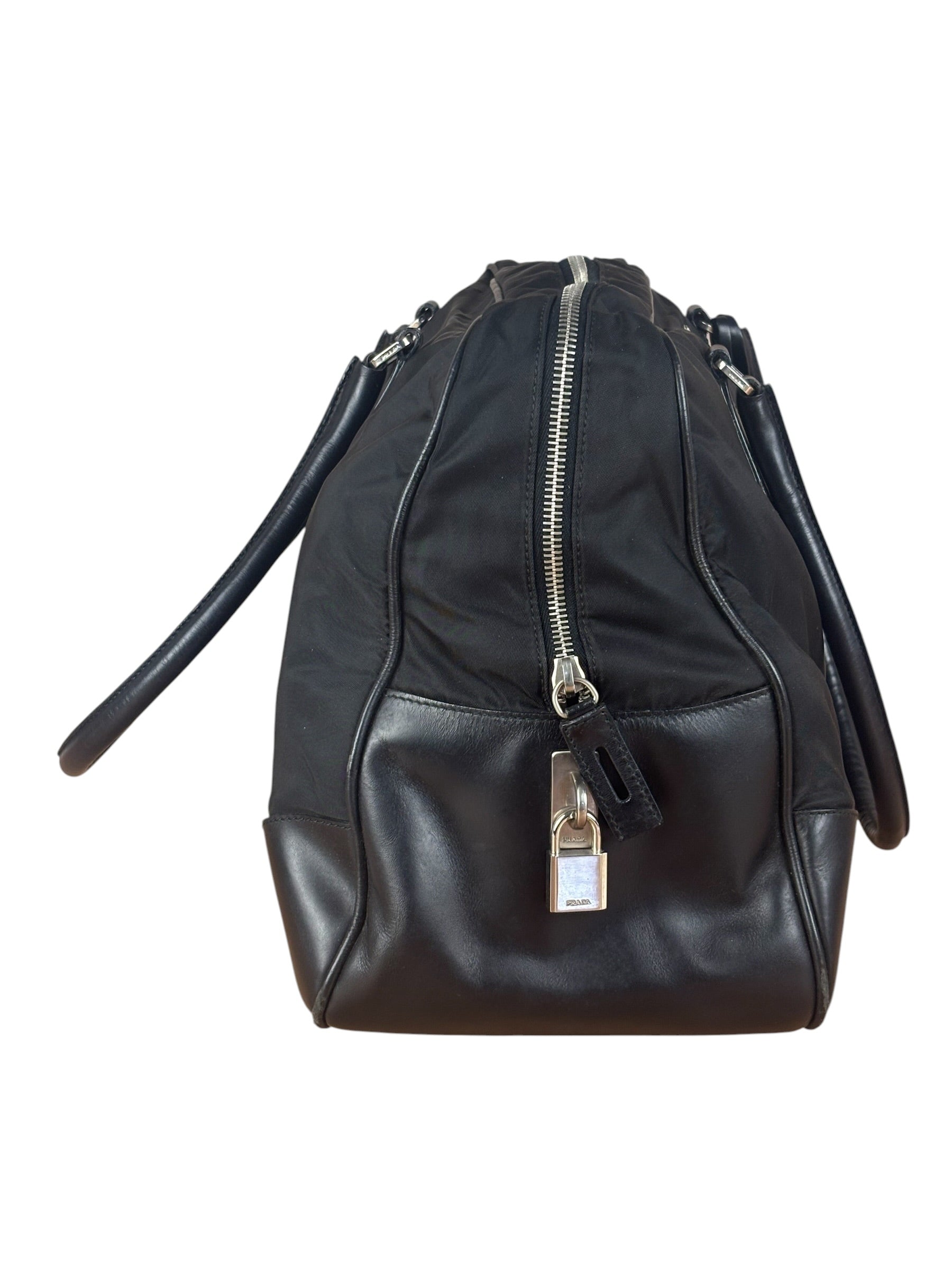 Prada Black Leather Tessuto Nylon Bowler Bag