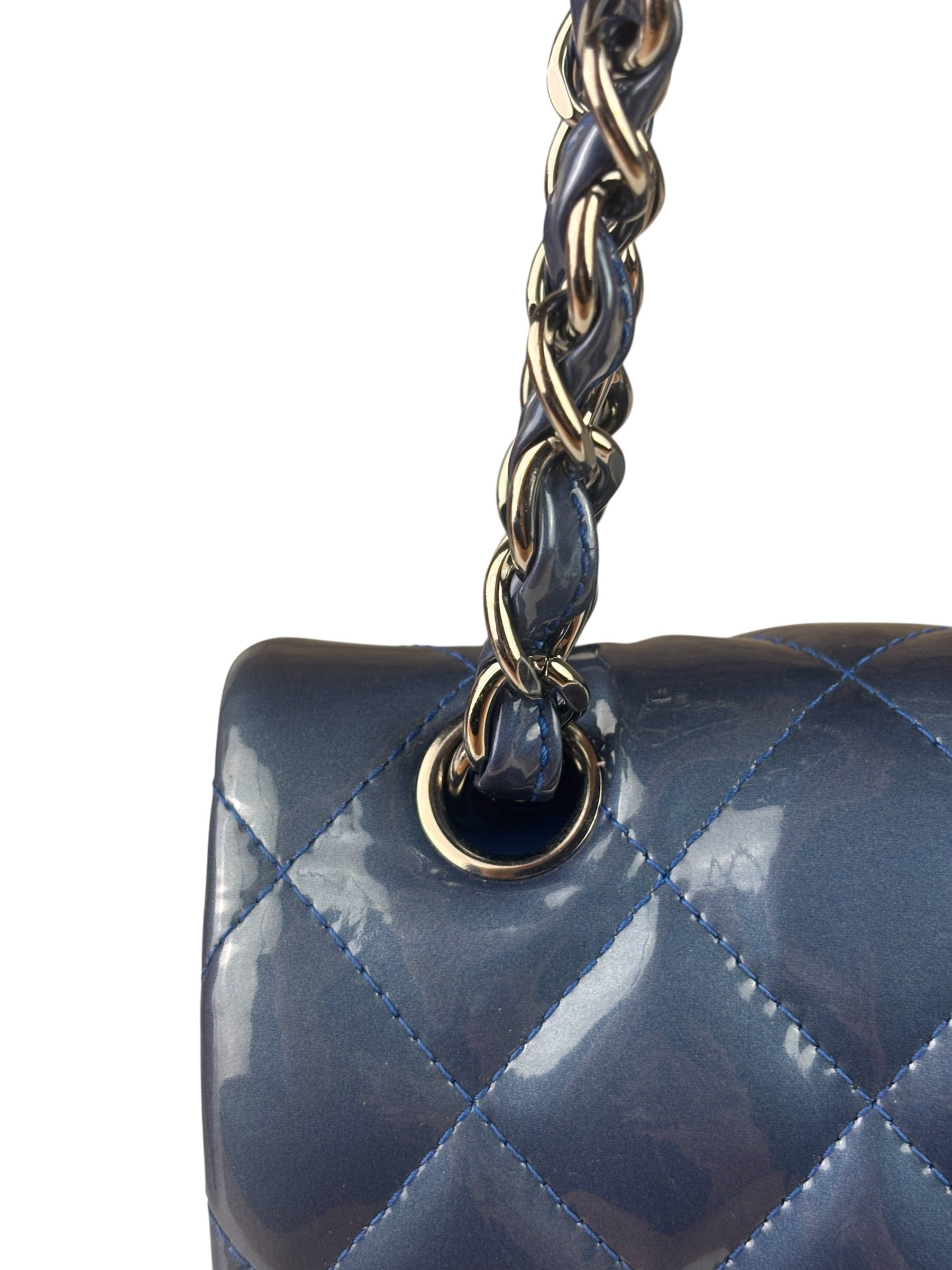 Chanel Perl Glossy Blue Quilted Patent Leather Double Flap Bag 2012