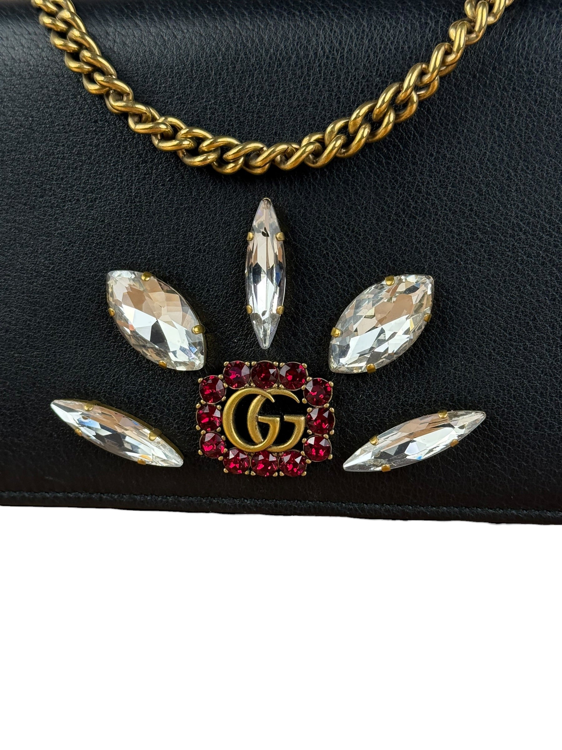 Gucci GG Crystal Embellished Black Leather Wallet on Chain Bag