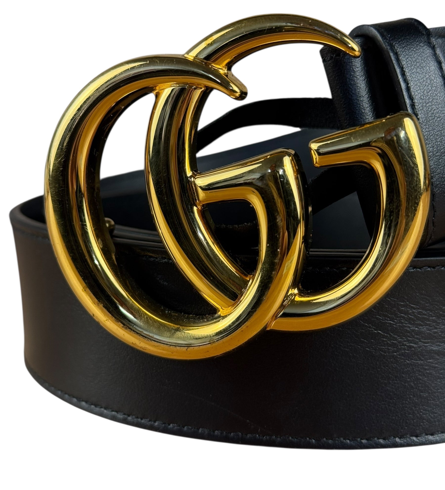 Gucci Gold GG Black Leather Belt