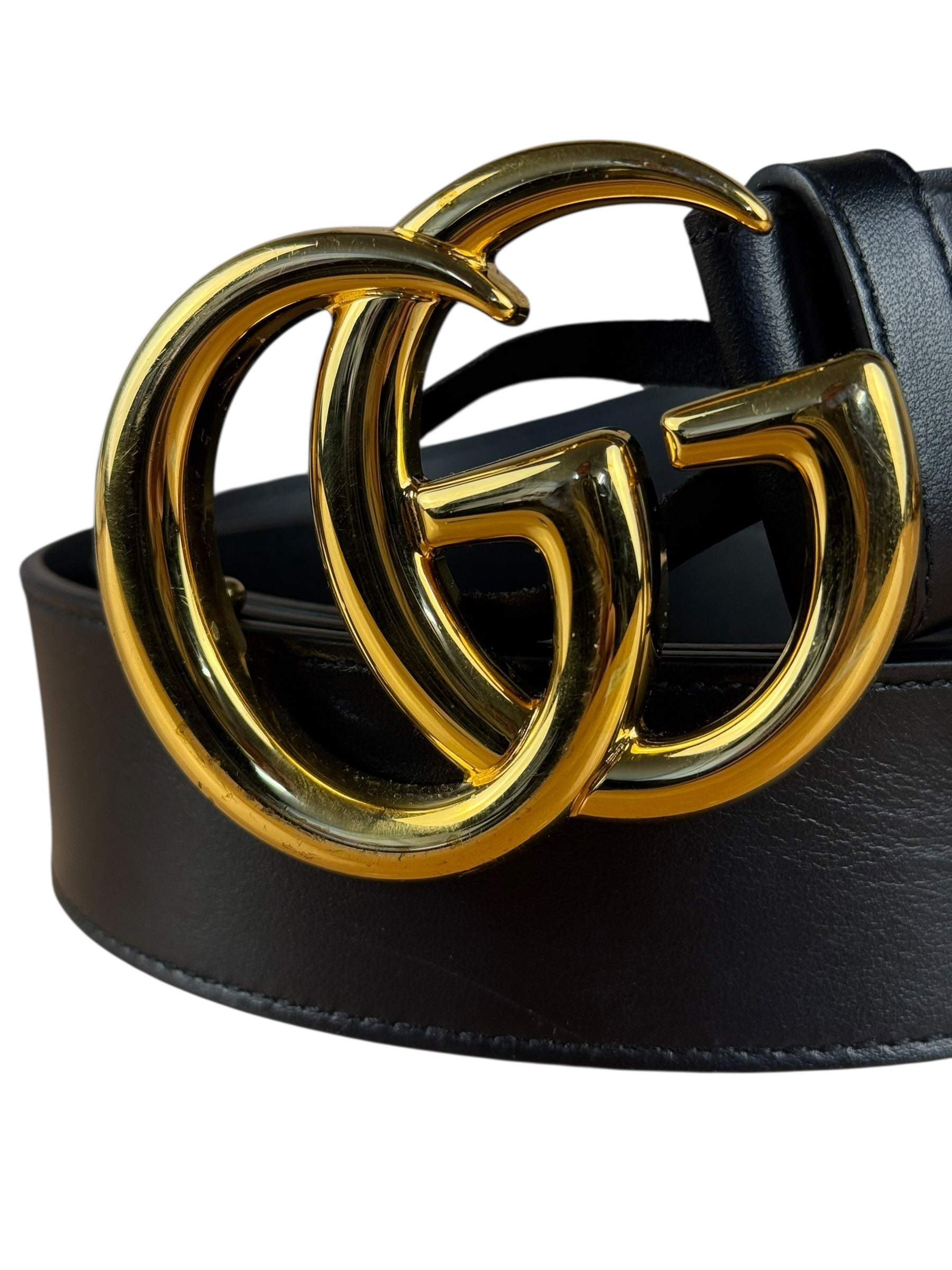 Gucci Gold GG Black Leather Belt