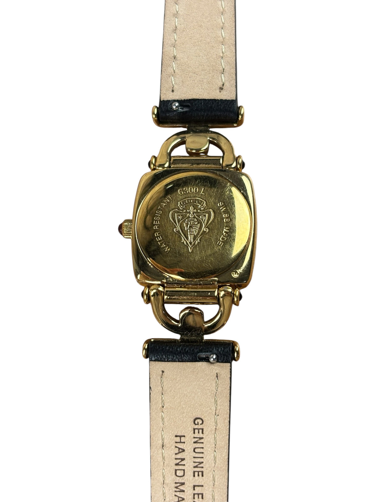 Gucci 6300L Champagne Dial Horsebit Black Leather Strap
