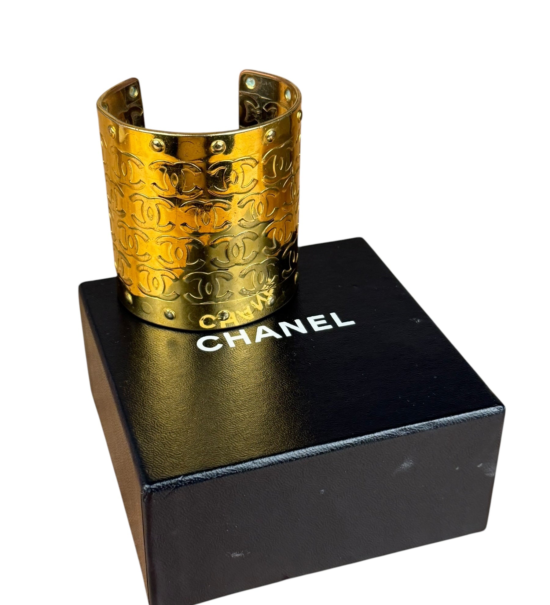 Chanel Vintage Gold CC Print Cuff Bracelet