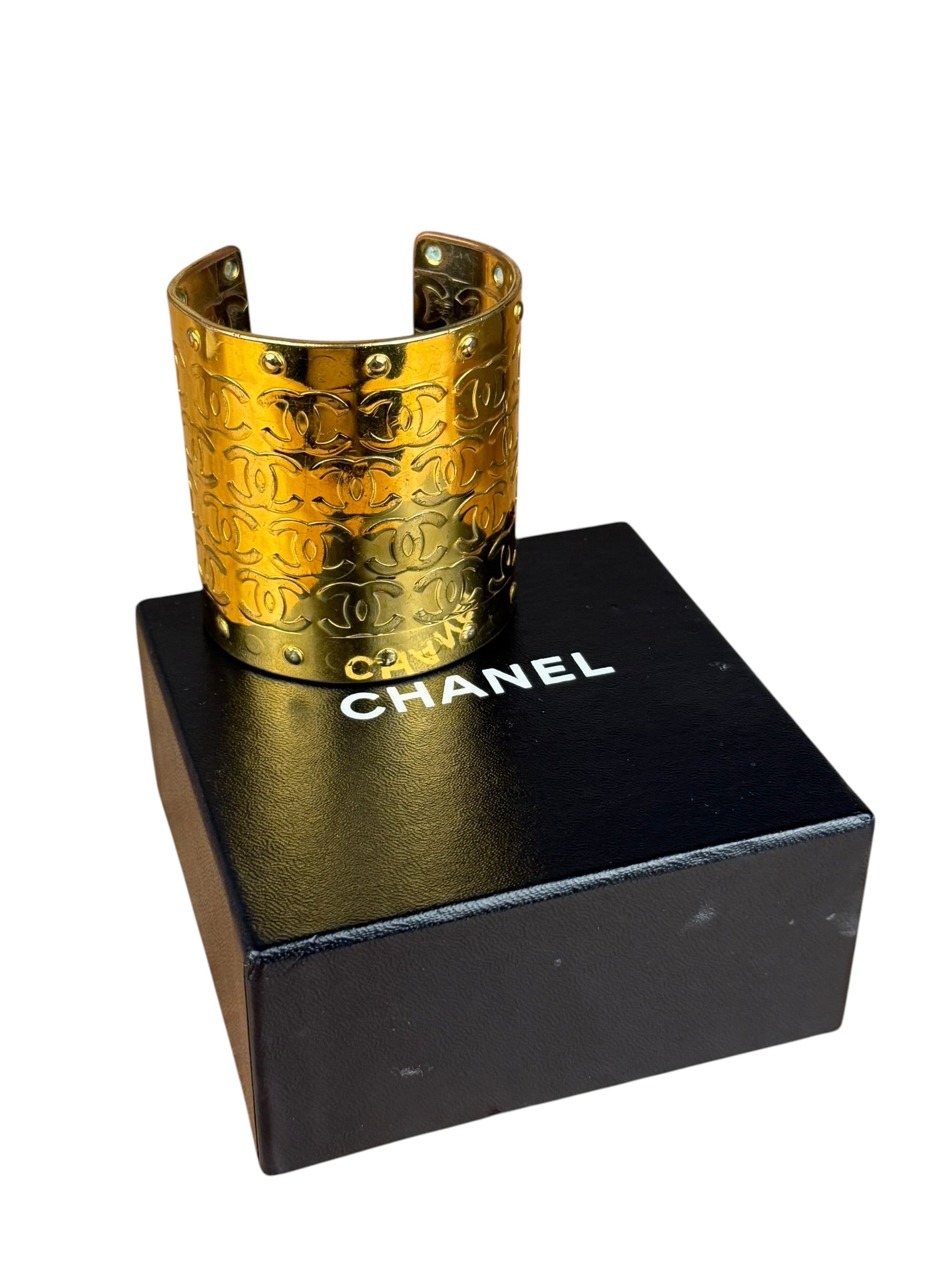 Chanel Vintage Gold CC Print Cuff Bracelet