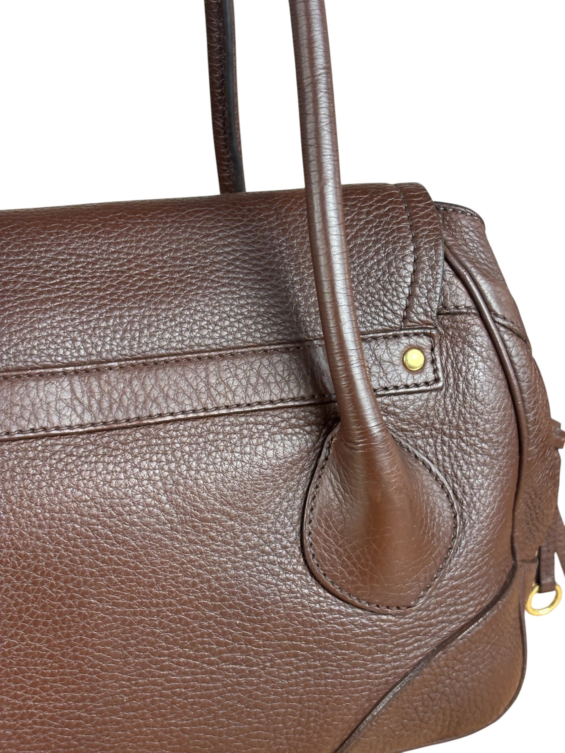 Prada Rich Brown Vitello Daino Sound Lock Satchel Shoulder Bag
