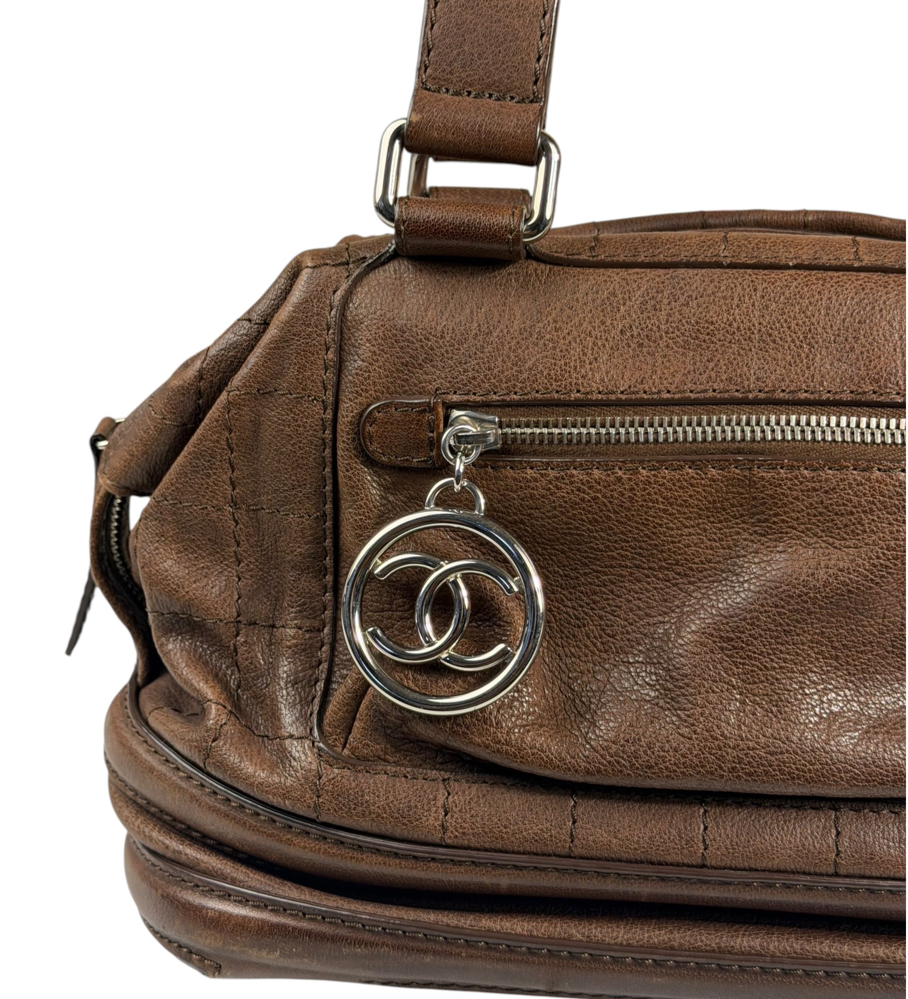 Chanel Brown Leather Essential Square Stitch Bowler Bag 2007