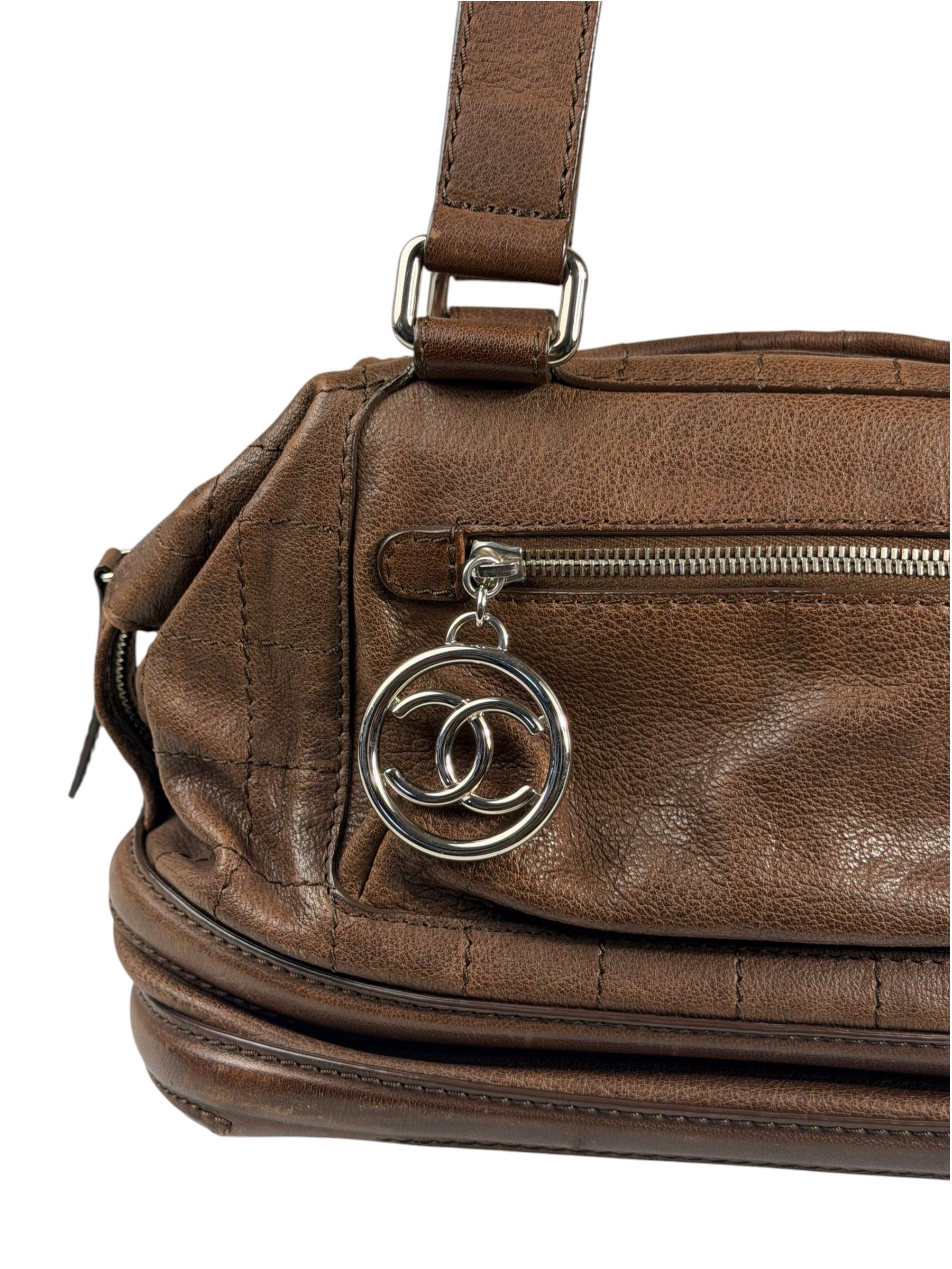 Chanel Brown Leather Essential Square Stitch Bowler Bag 2007