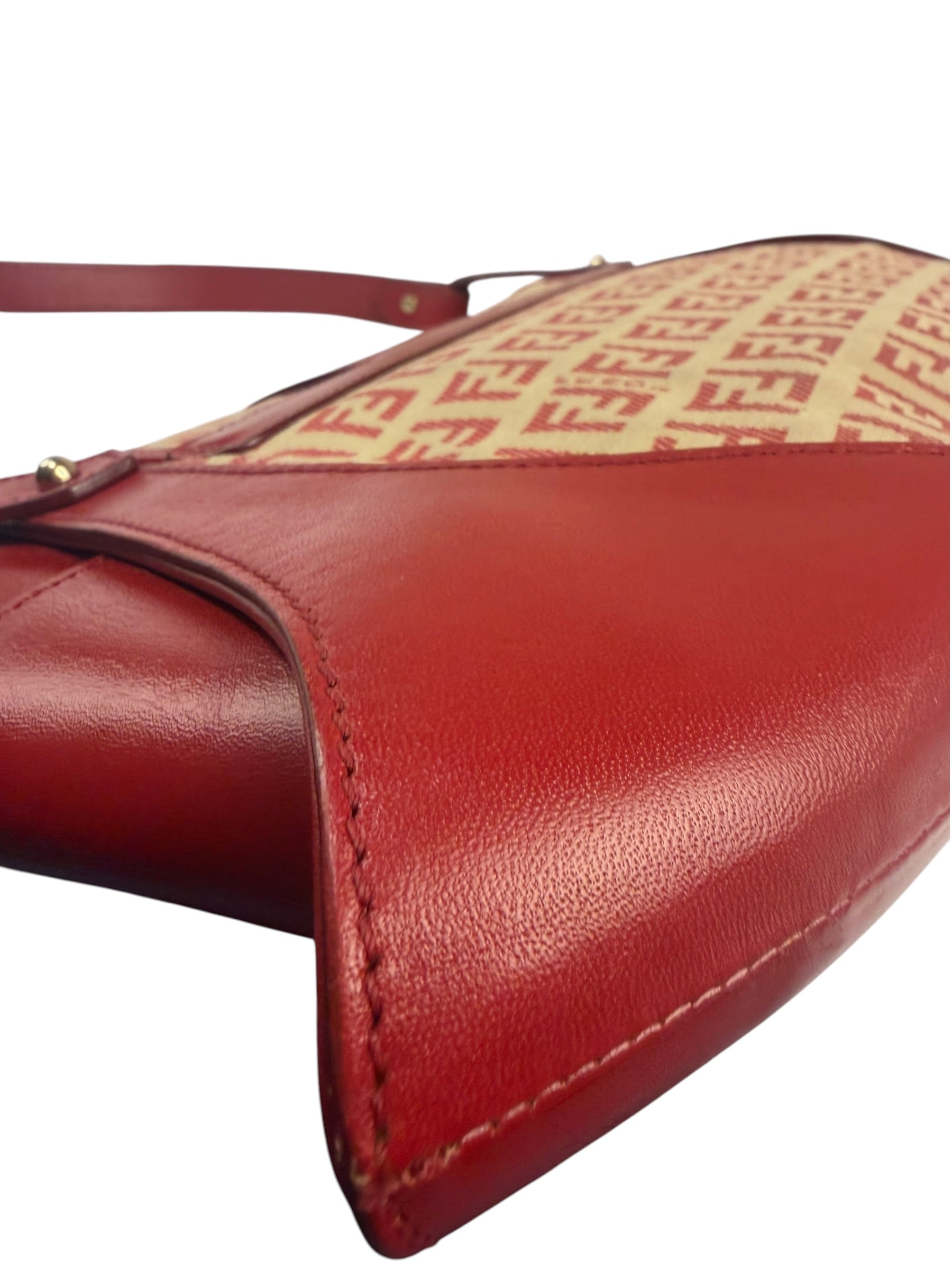 Fendi Red Leather Trim Zucca Compliation Shoulder Bag