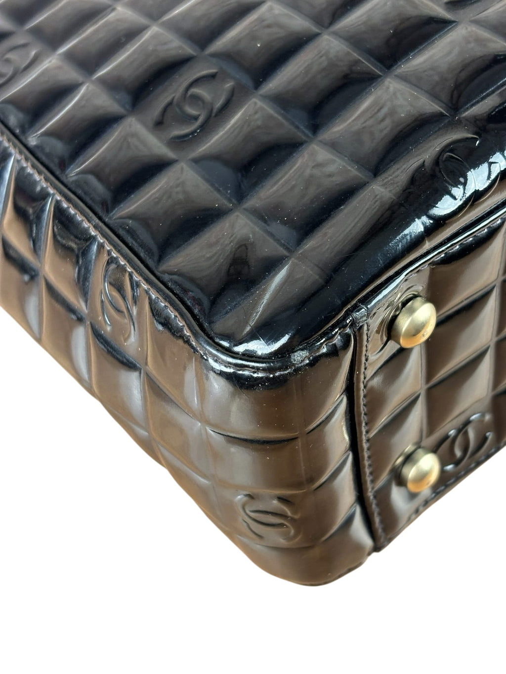 Chanel Black Patent Leather Chocolate Bar Tote Early 2000's