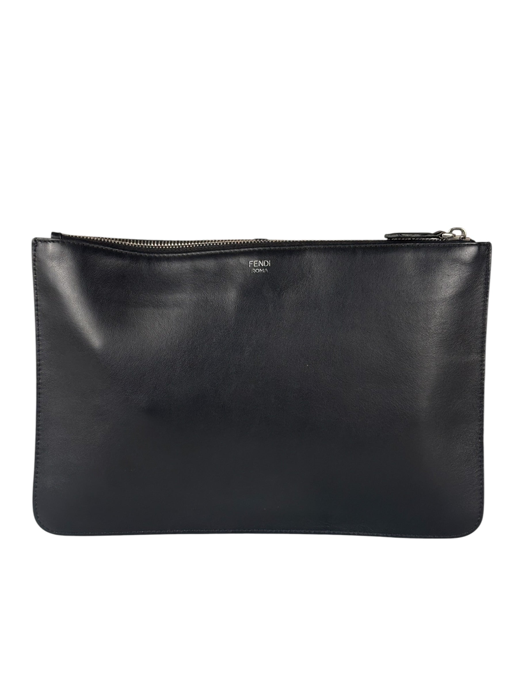 Fendi Black Leather Monsters Zip Clutch