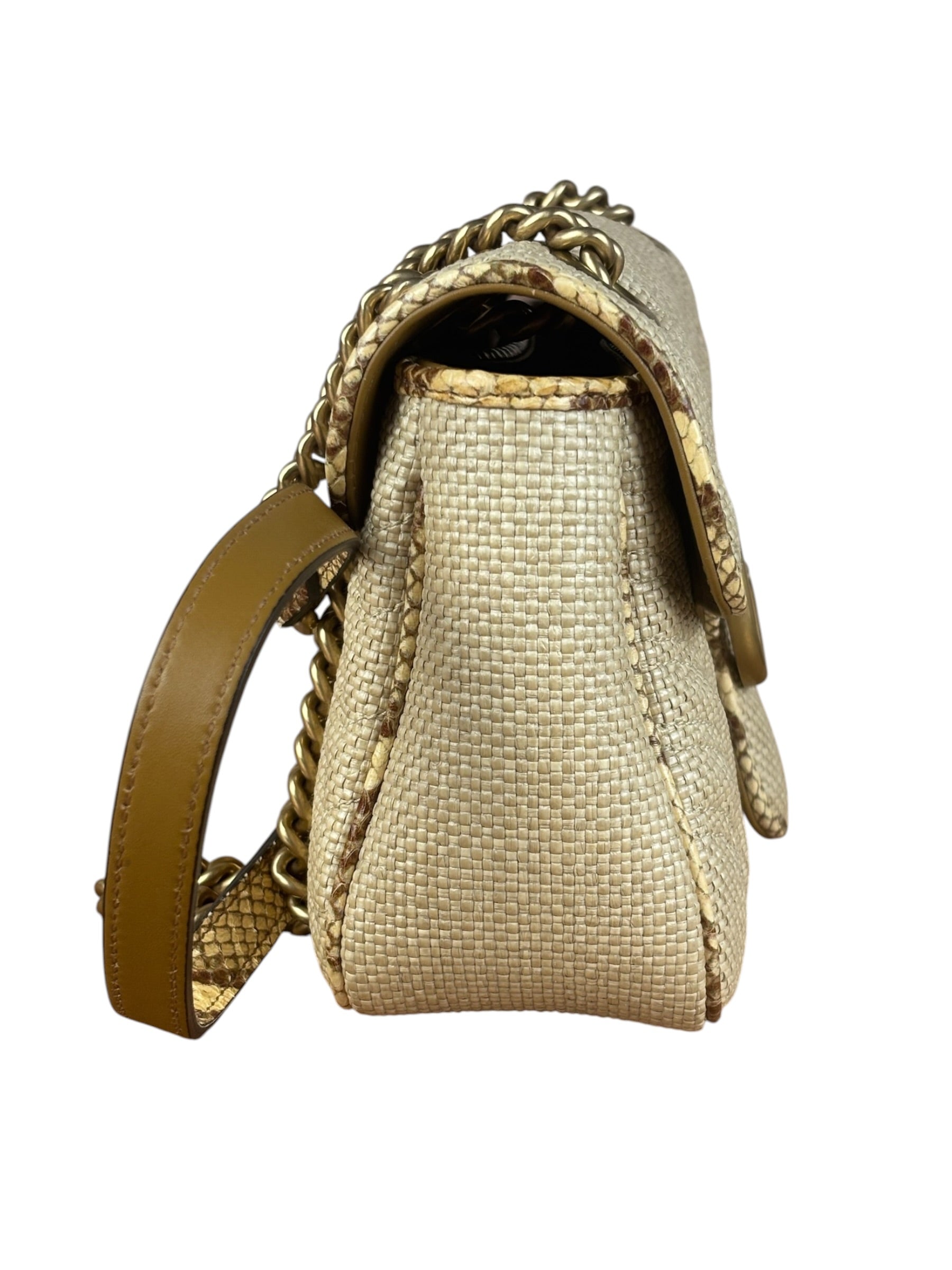 Gucci GG Beige Raffia Marmont Snakeskin Trim Flap Bag