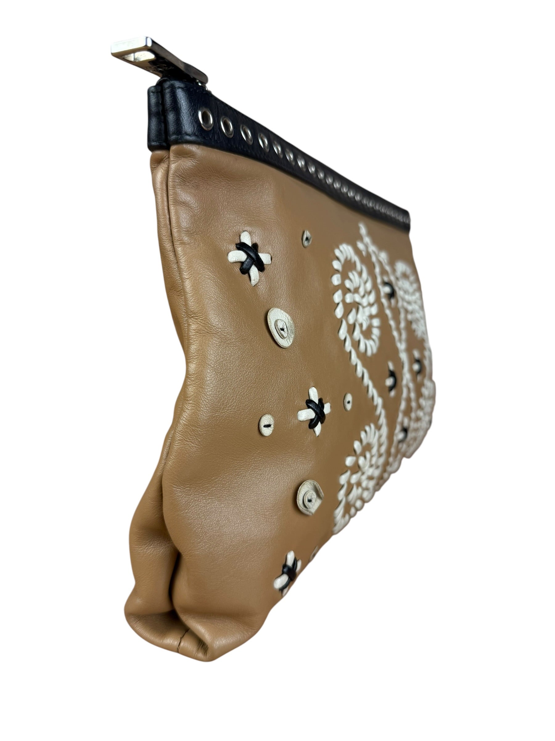 Prada Vintage Camel Leather Embroidery Clutch