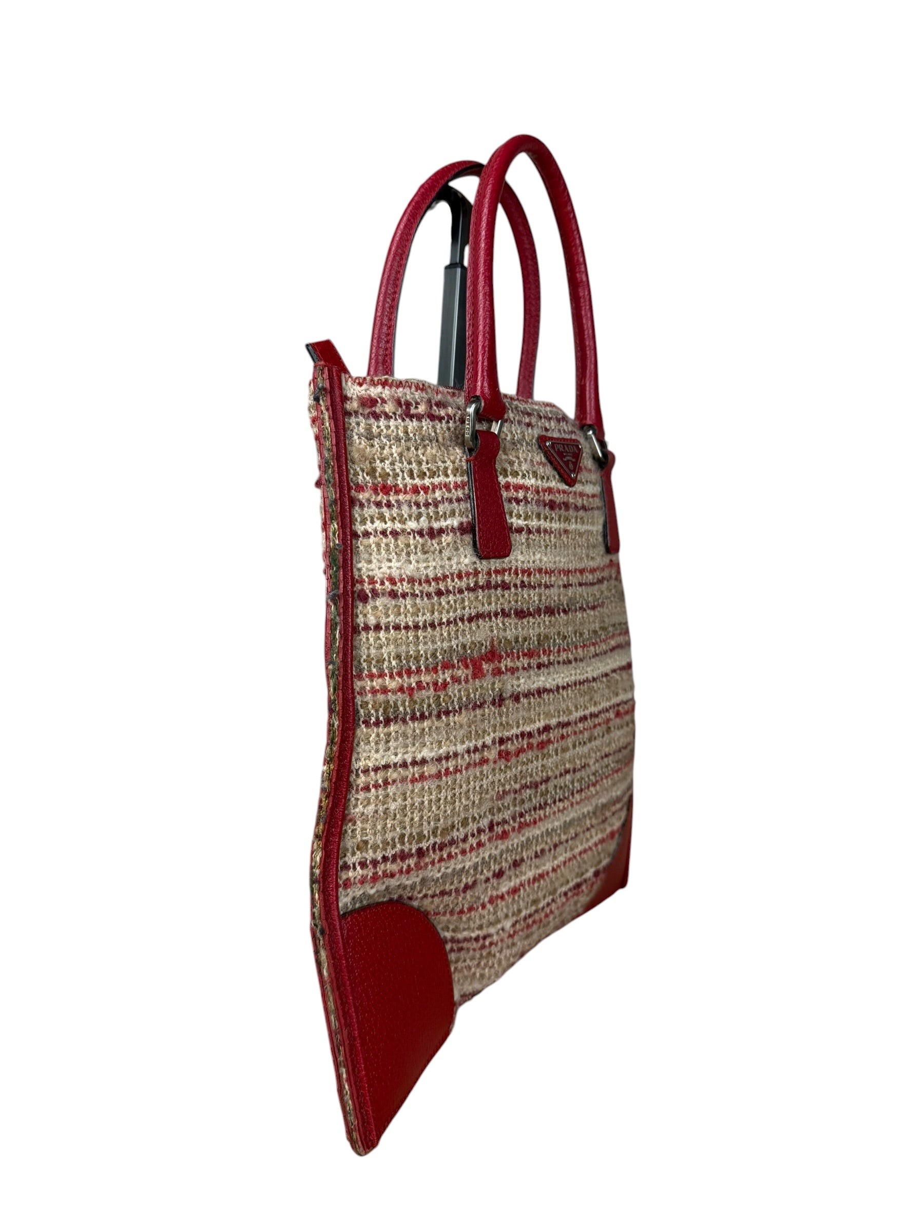 Prada Vintage Red Woven Tweed Zip Tote