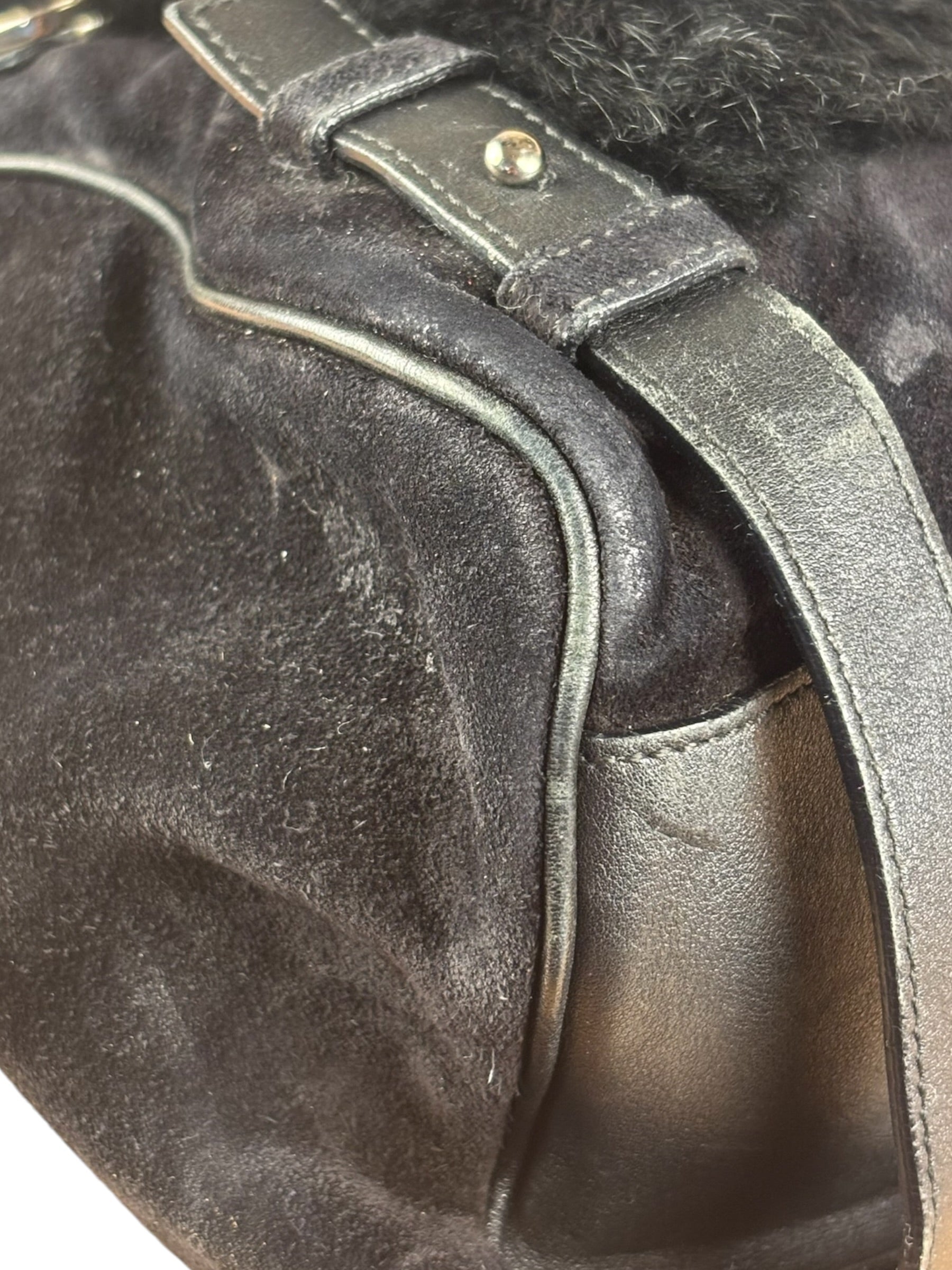 Salvatore Ferragamo Black Rabbit Fur Leather Trim Shoulder Bag